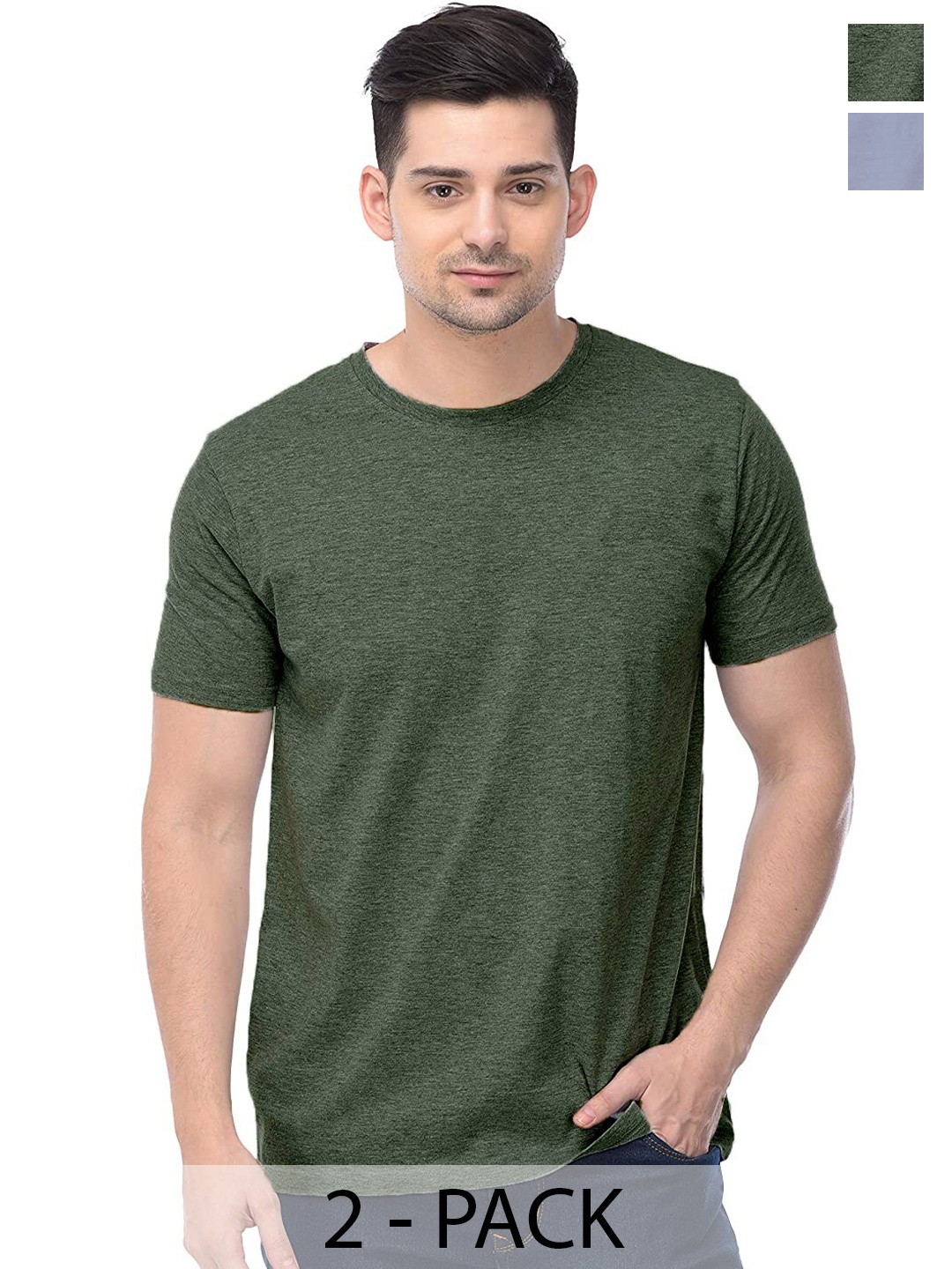 

COLOR CAPITAL Pack of 2 Round Neck Cotton T-Shirts, Green