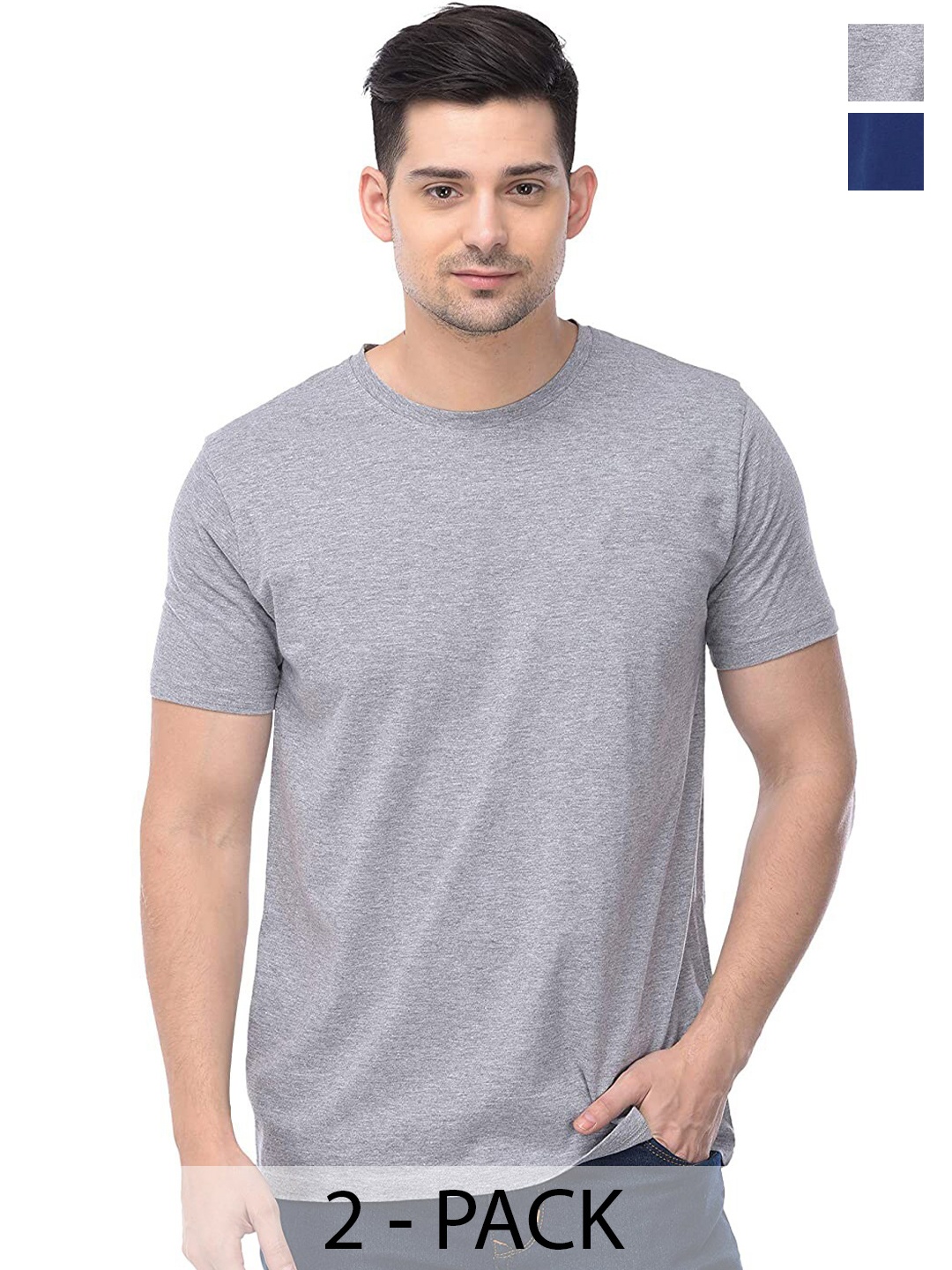 

COLOR CAPITAL Pack of 2 Round Neck Cotton T-Shirts, Grey