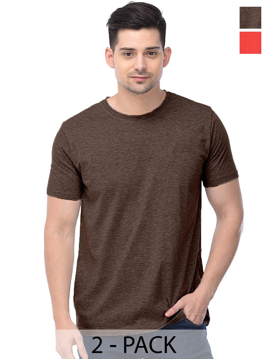 

COLOR CAPITAL Unisex Pack Of 2 Round Neck Cotton T-shirt, Brown