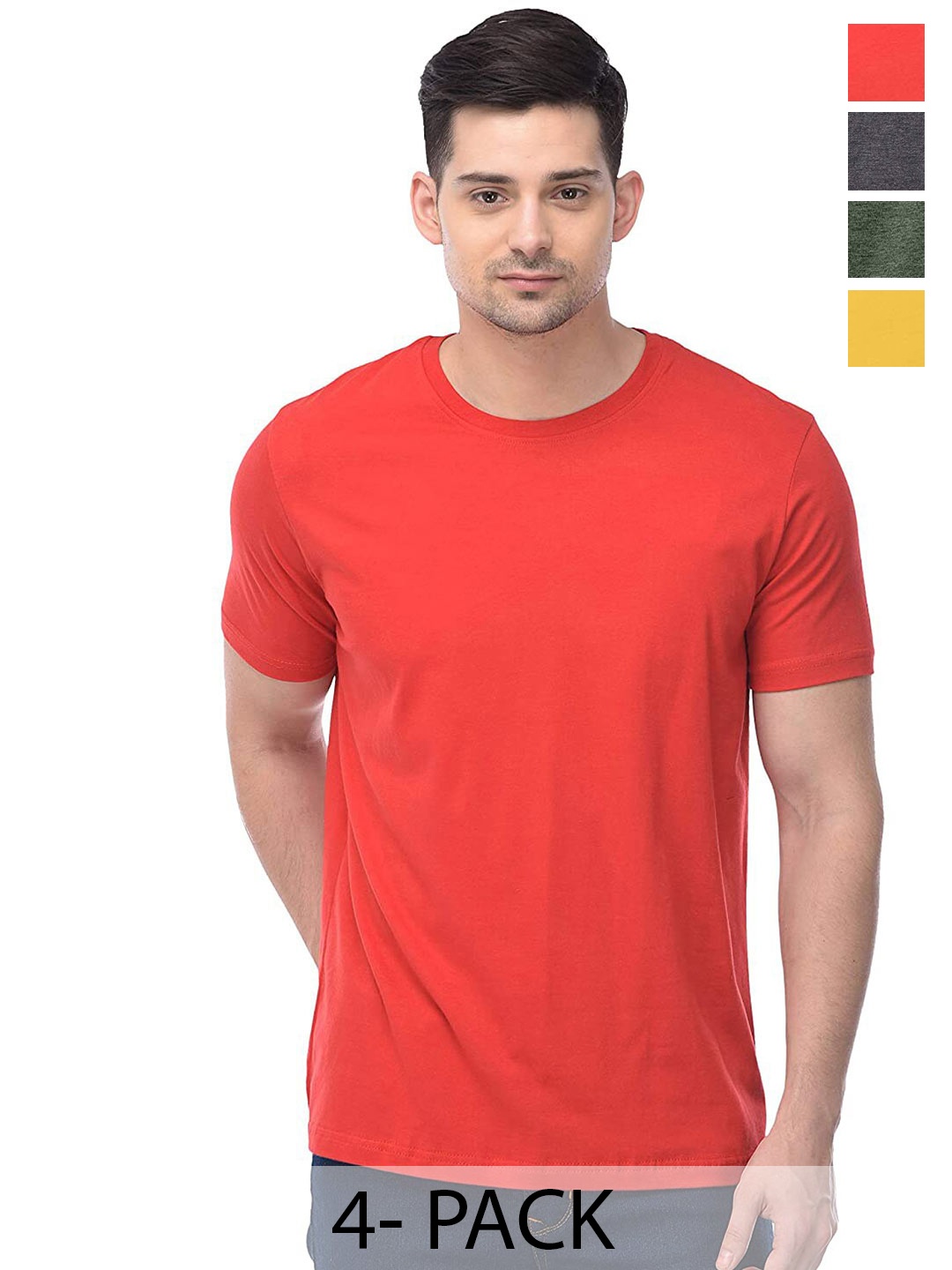 

COLOR CAPITAL Unisex Pack Of 4 Round Neck Cotton T-shirt, Red