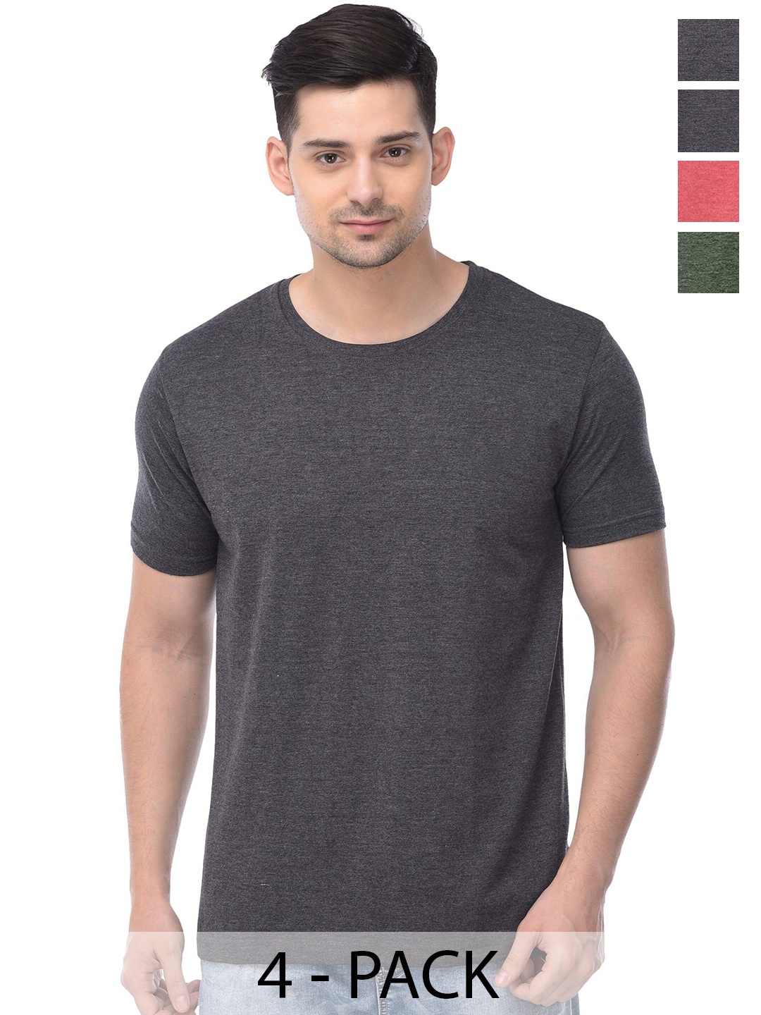 

COLOR CAPITAL Unisex Pack Of 4 Round Neck Cotton T-shirt, Charcoal
