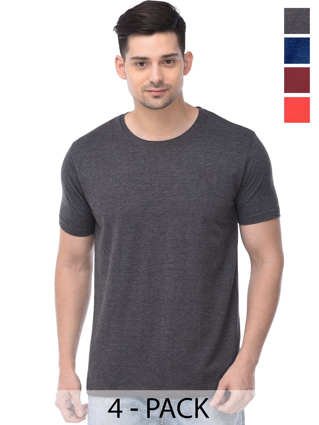 COLOR CAPITAL Unisex Pack Of 4 Round Neck Cotton T-shirt, Charcoal