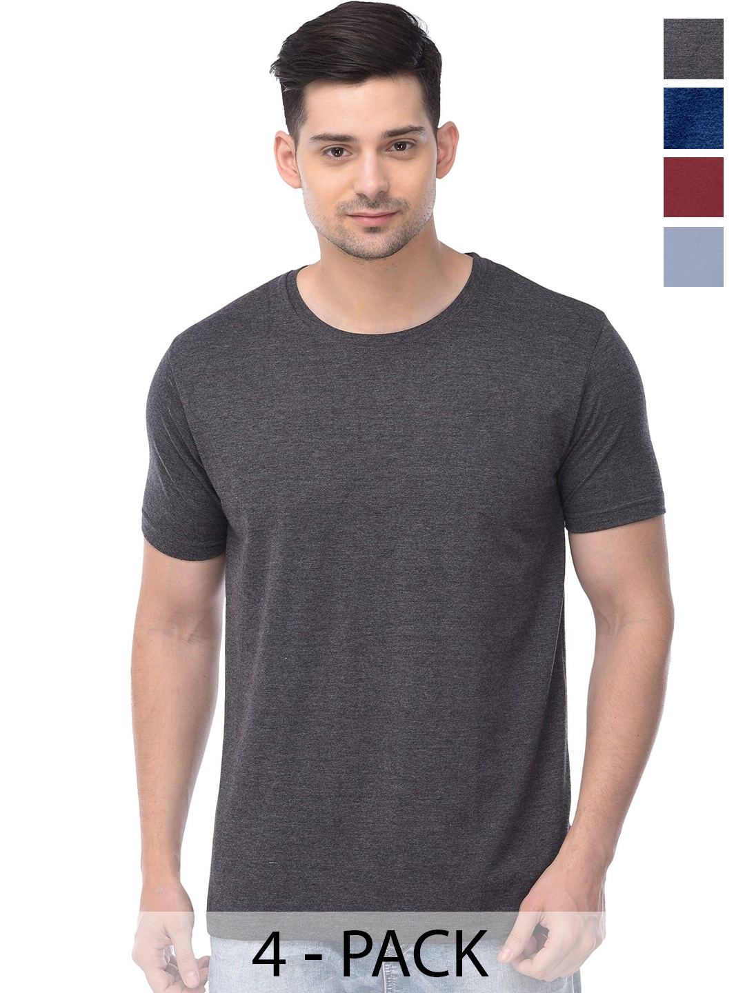 

COLOR CAPITAL Unisex Pack Of 4 Round Neck Cotton T-shirt, Charcoal
