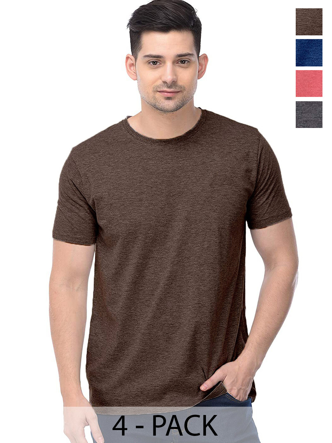 

COLOR CAPITAL Unisex Pack Of 4 Round Neck Cotton T-shirt, Brown