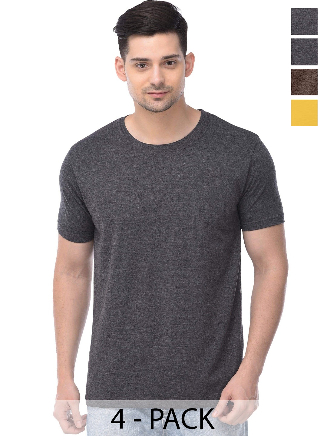 

COLOR CAPITAL Pack of 4 Cotton Round Neck T-shirts, Grey