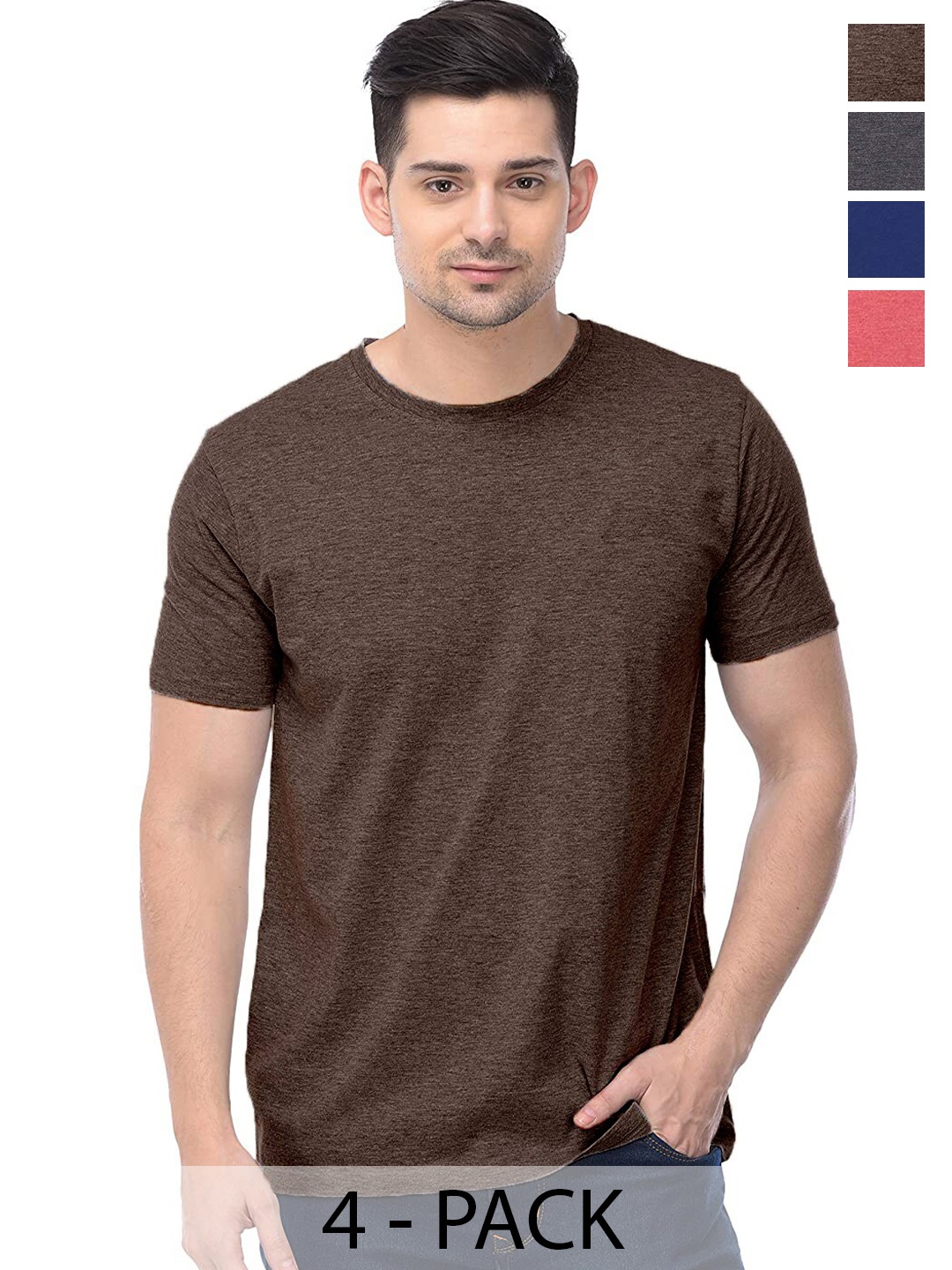 

COLOR CAPITAL Pack of 4 Cotton Round Neck T-shirts, Brown