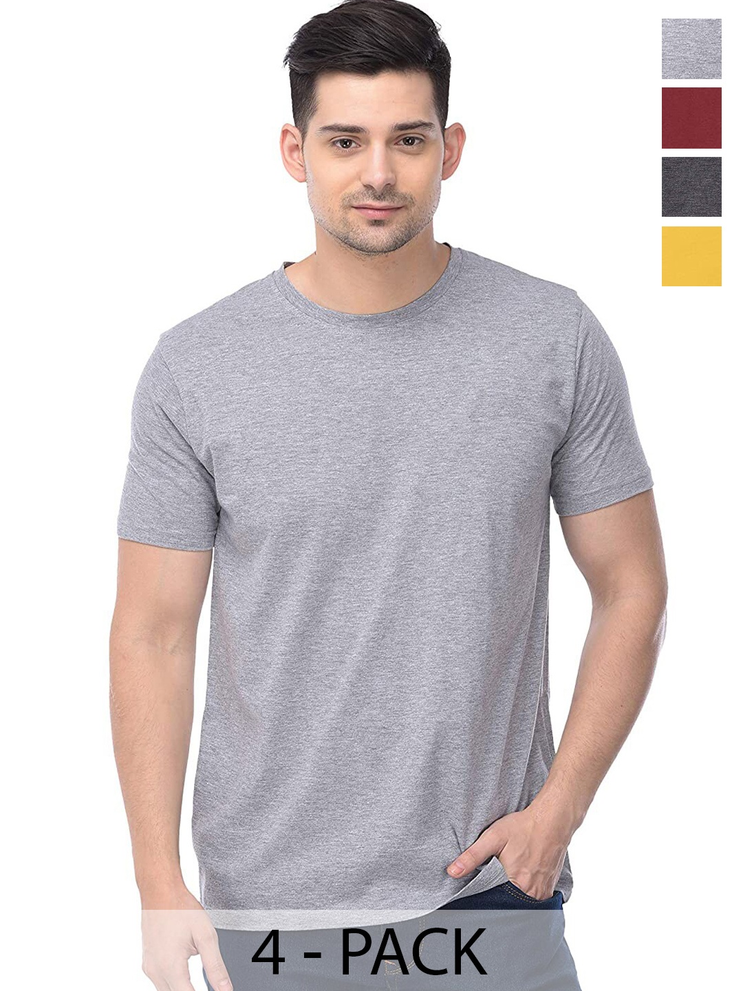 

COLOR CAPITAL Unisex Pack Of 4 Round Neck Cotton Casual T-shirt, Grey