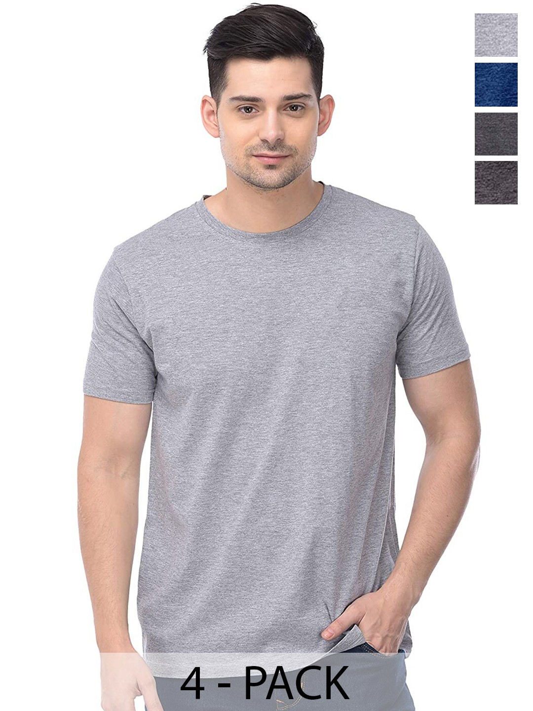 

COLOR CAPITAL Pack Of 4 Round Neck Cotton T-shirts, Grey