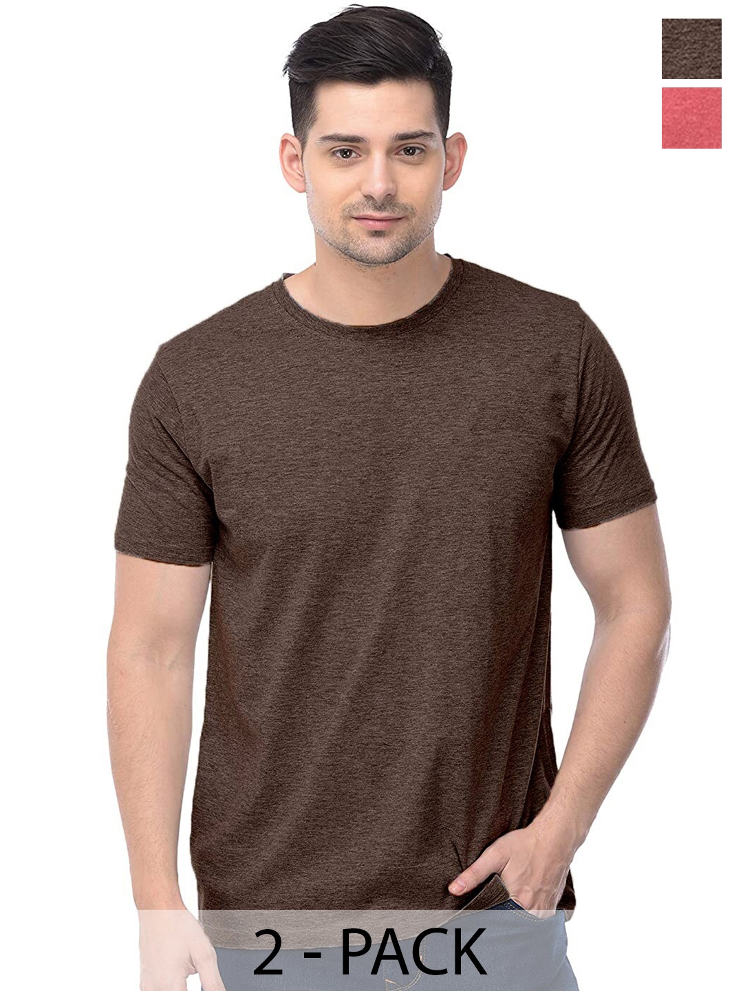 

COLOR CAPITAL Pack Of 2 Round Neck Cotton T-shirts, Brown