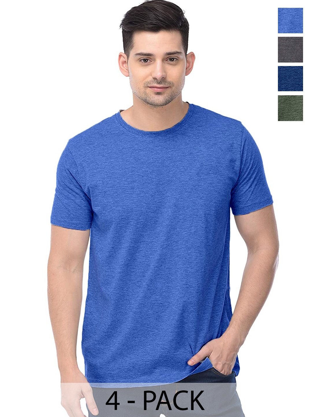 

COLOR CAPITAL Unisex Pack Of 4 Round Neck Short Sleeves Cotton T-shirts, Blue