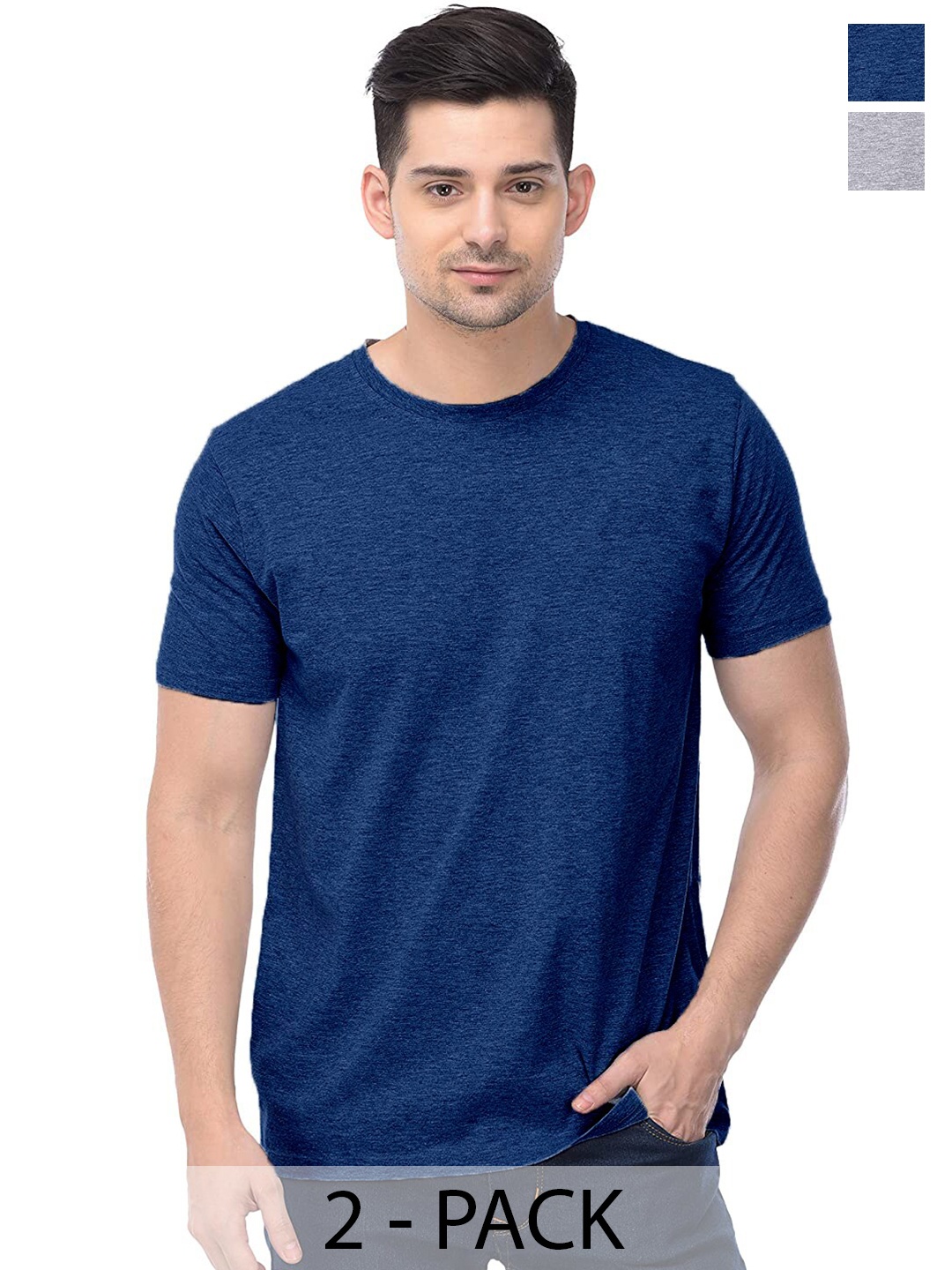 COLOR CAPITAL Unisex Pack Of 2 Round Neck Short Sleeves Cotton T-shirts, Blue