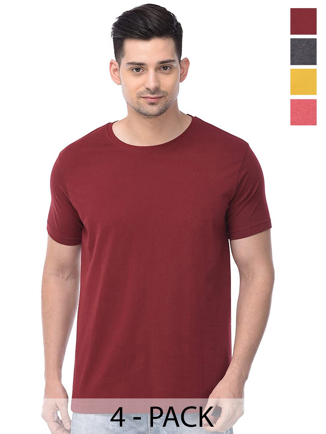 COLOR CAPITAL Unisex Pack Of 4 Round Neck Cotton T-shirt, Maroon