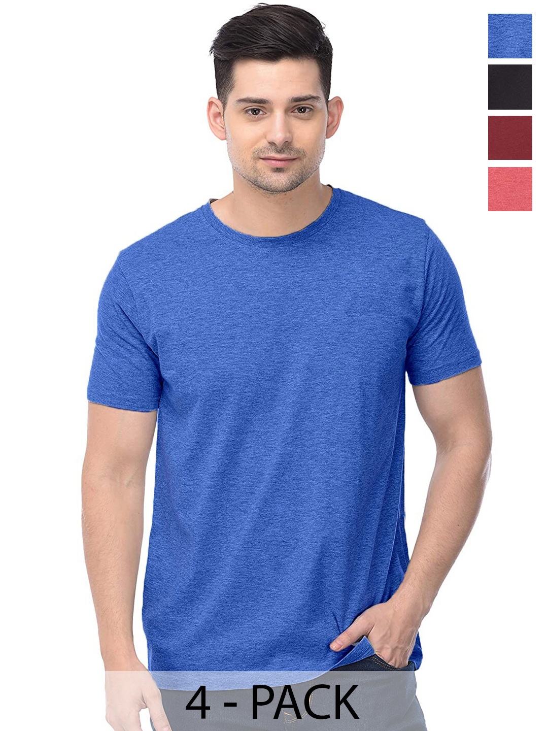 COLOR CAPITAL Unisex Pack Of 4 Round Neck Casual Cotton T-shirts, Blue