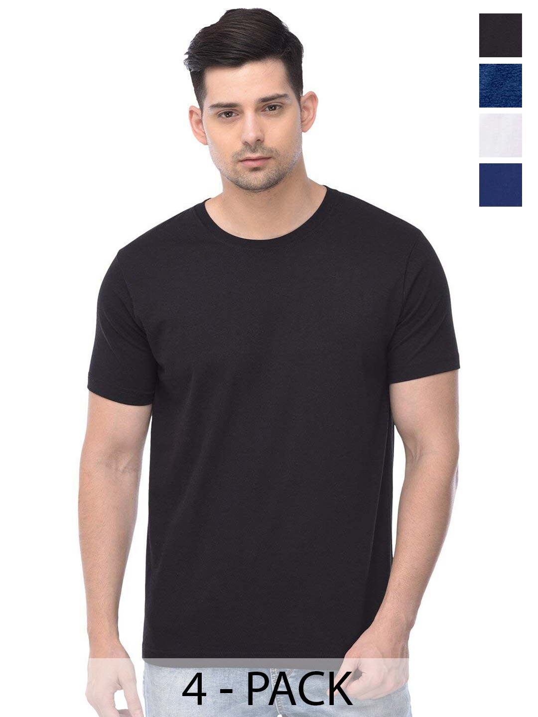 

COLOR CAPITAL Unisex Pack Of 4 Round Neck Short Sleeves Cotton T-shirt, Black