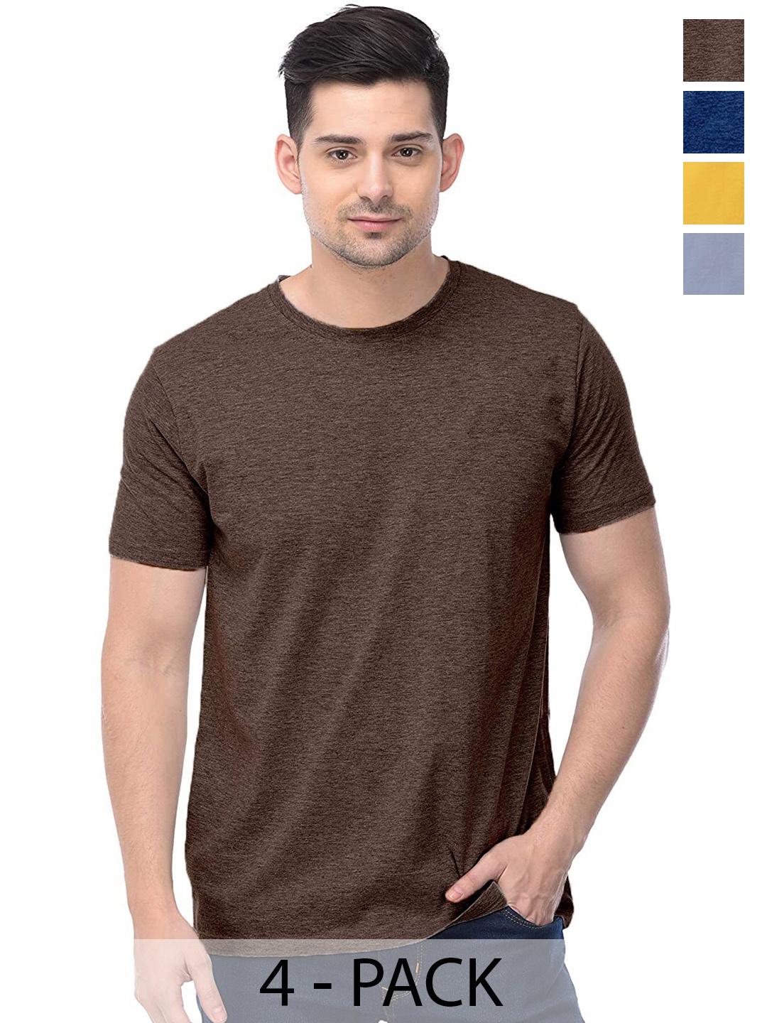 

COLOR CAPITAL Unisex Pack Of 4 Round Neck Cotton T-shirt, Brown