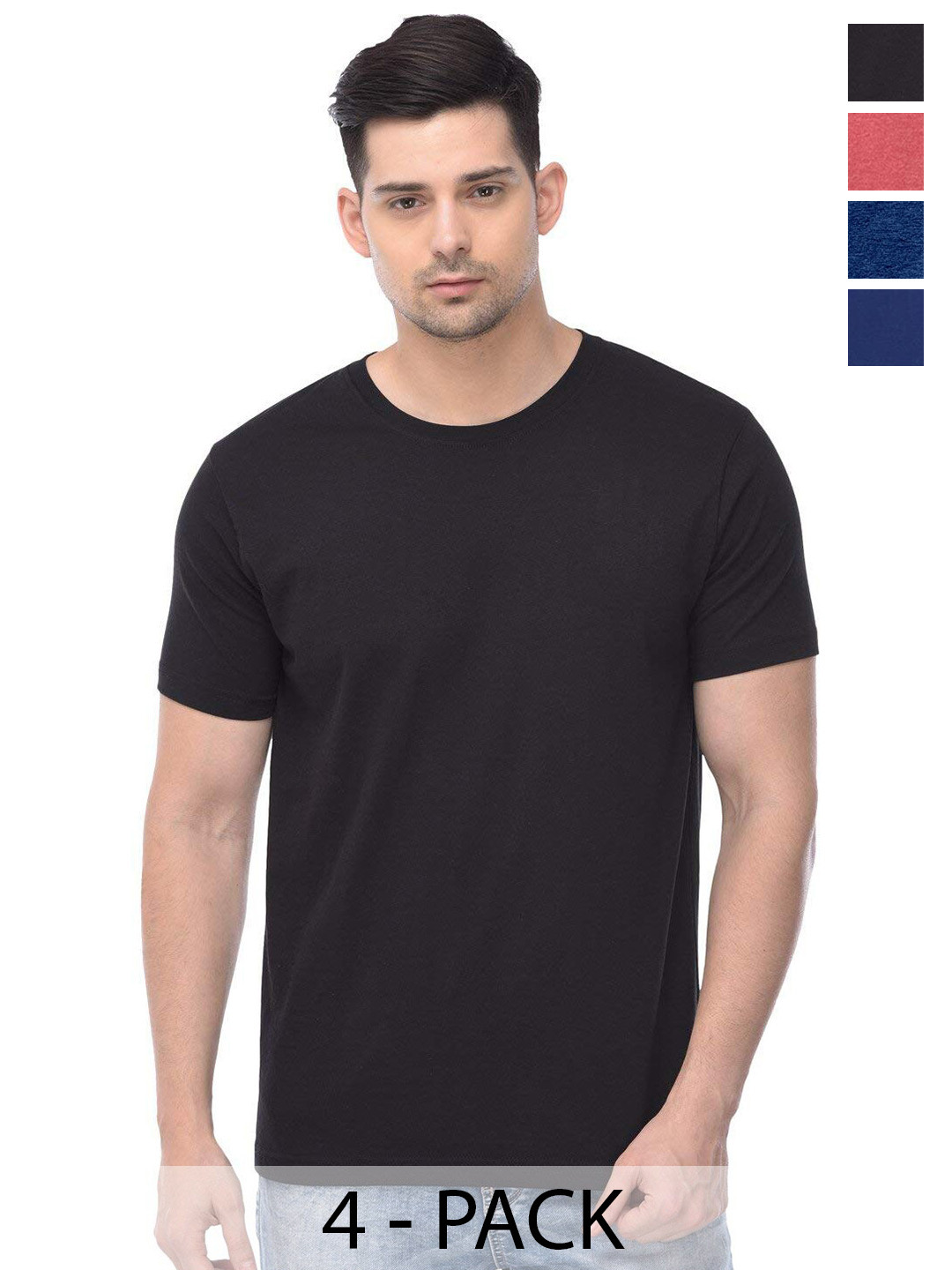 

COLOR CAPITAL Unisex Pack Of 4 Round Neck Cotton Casual T-shirt, Black