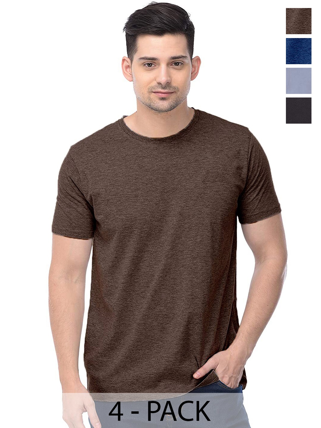 

COLOR CAPITAL Pack Of 4 Round Neck Cotton T-shirts, Brown