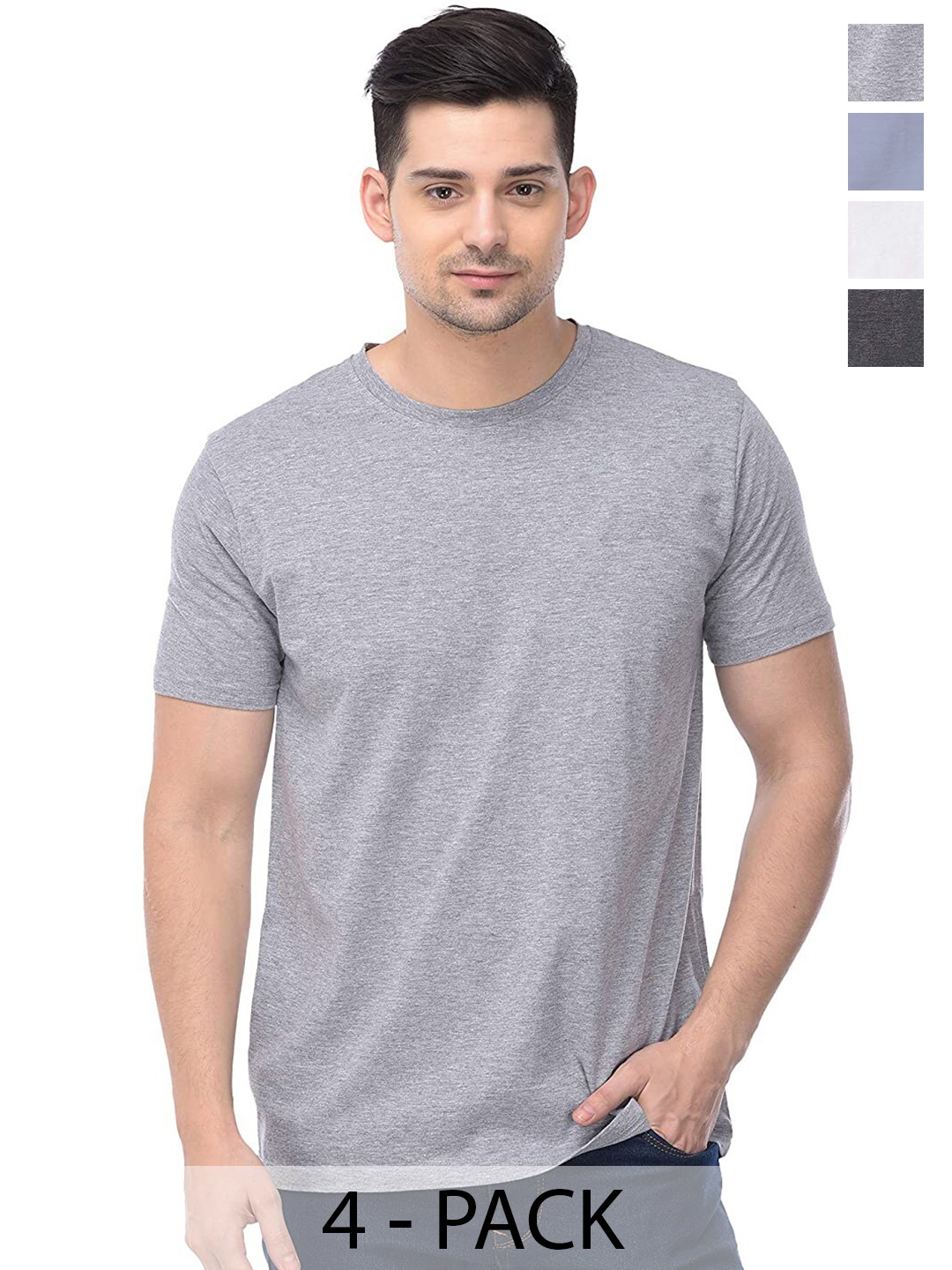 

COLOR CAPITAL Pack Of 4 Round Neck Cotton T-shirts, Grey