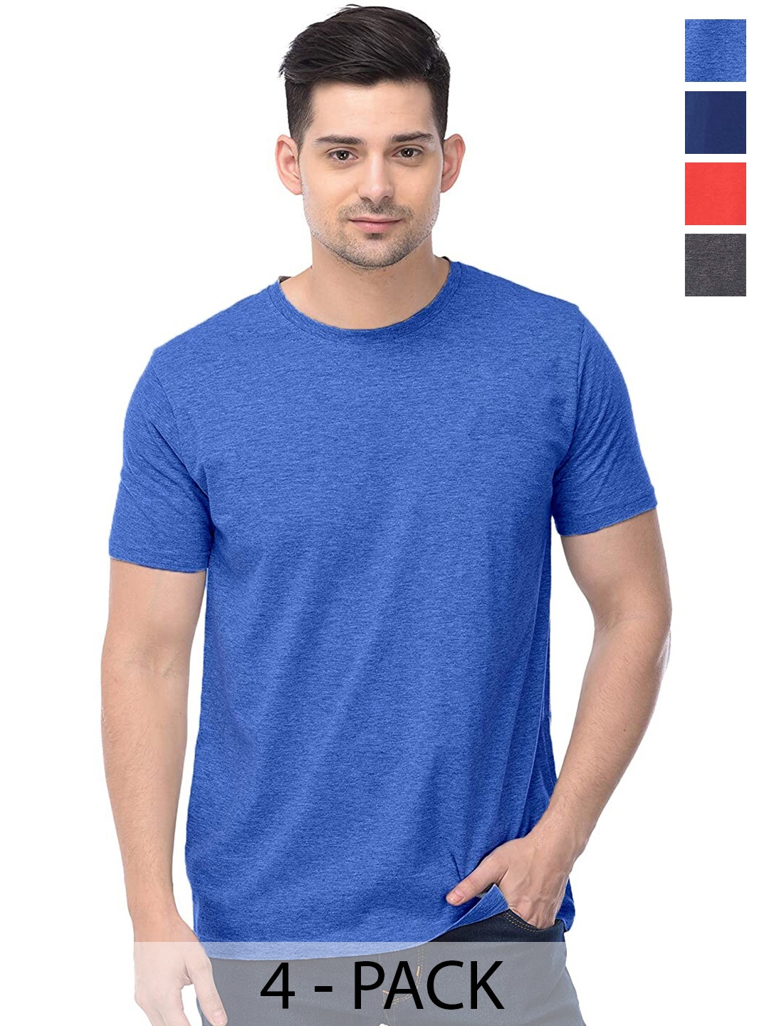 COLOR CAPITAL Unisex Pack Of 4 Round Neck Cotton T-shirt, Blue