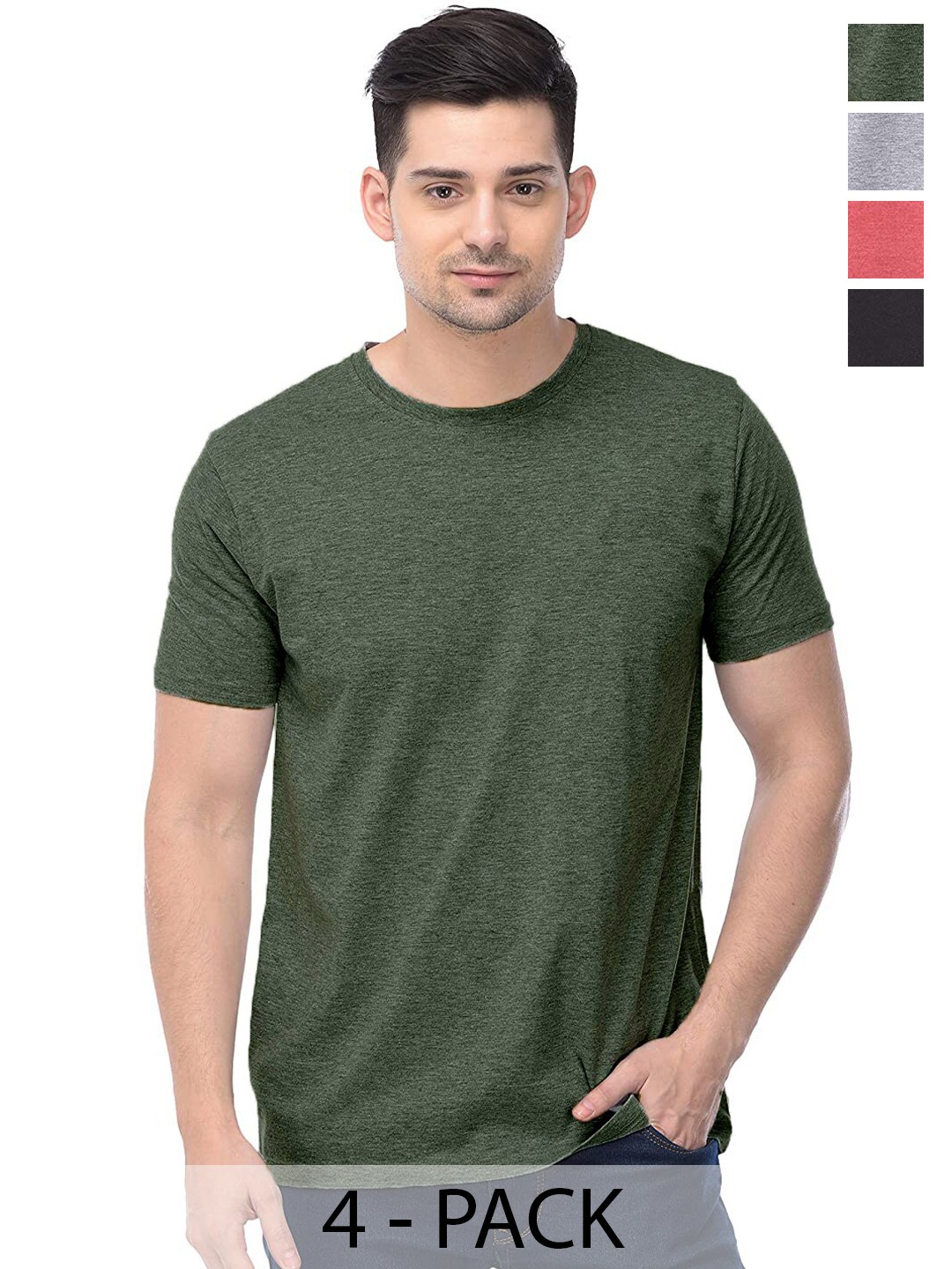 

COLOR CAPITAL Unisex Pack Of 4 Round Neck Cotton Casual T-shirt, Olive