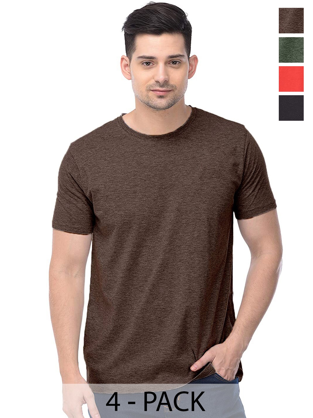 

COLOR CAPITAL Pack of 4 Round Neck Cotton T-Shirts, Coffee brown