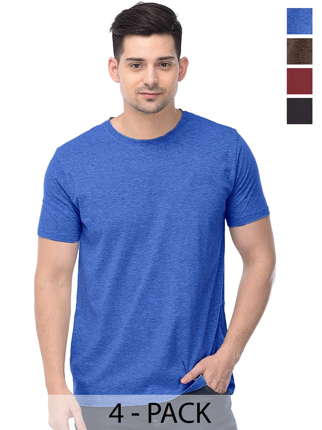 COLOR CAPITAL Unisex Pack Of 4 Round Neck Cotton T-shirt, Blue