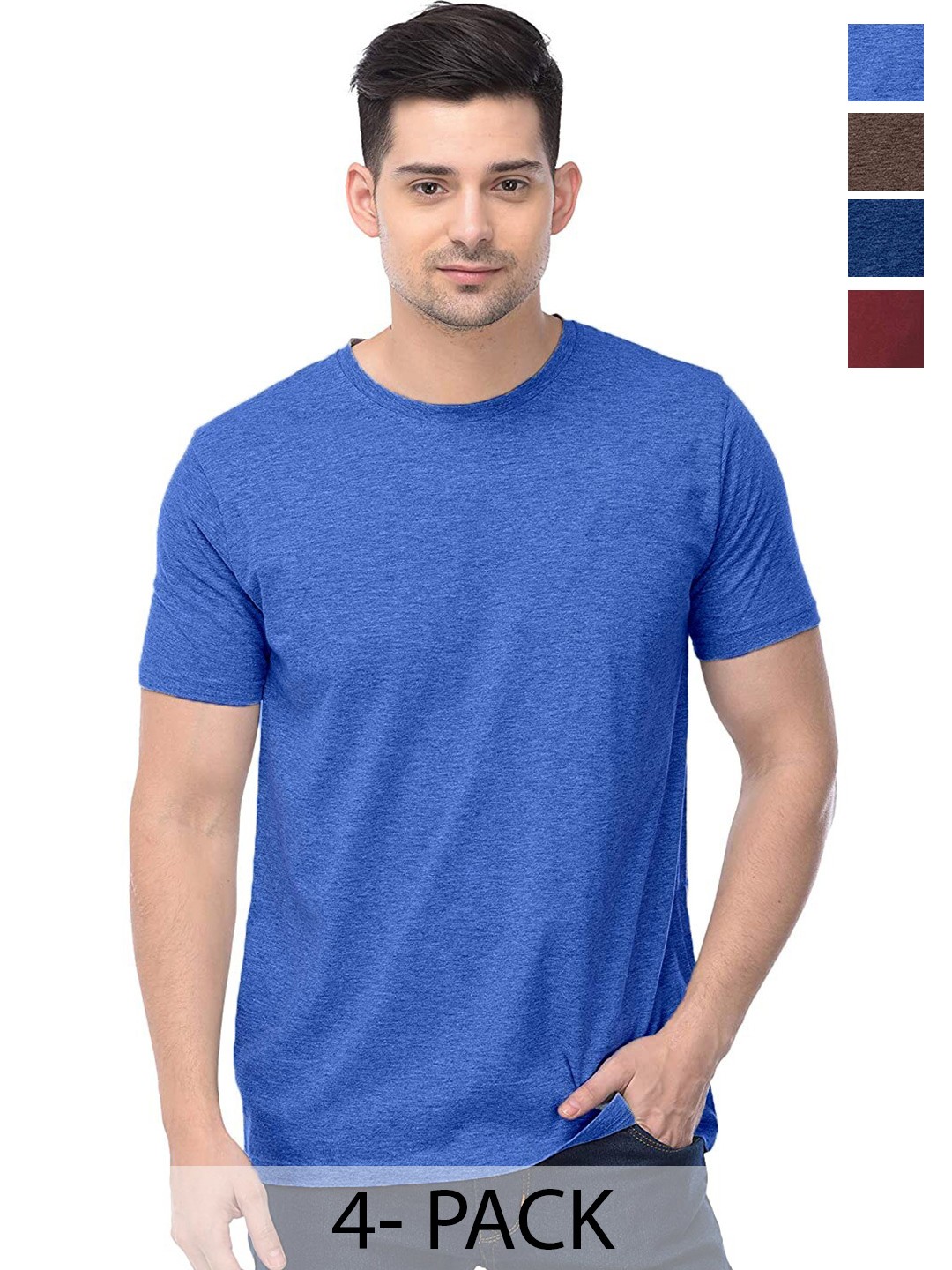 

COLOR CAPITAL Unisex Pack Of 4 Round Neck Short Sleeves Cotton T-shirts, Blue