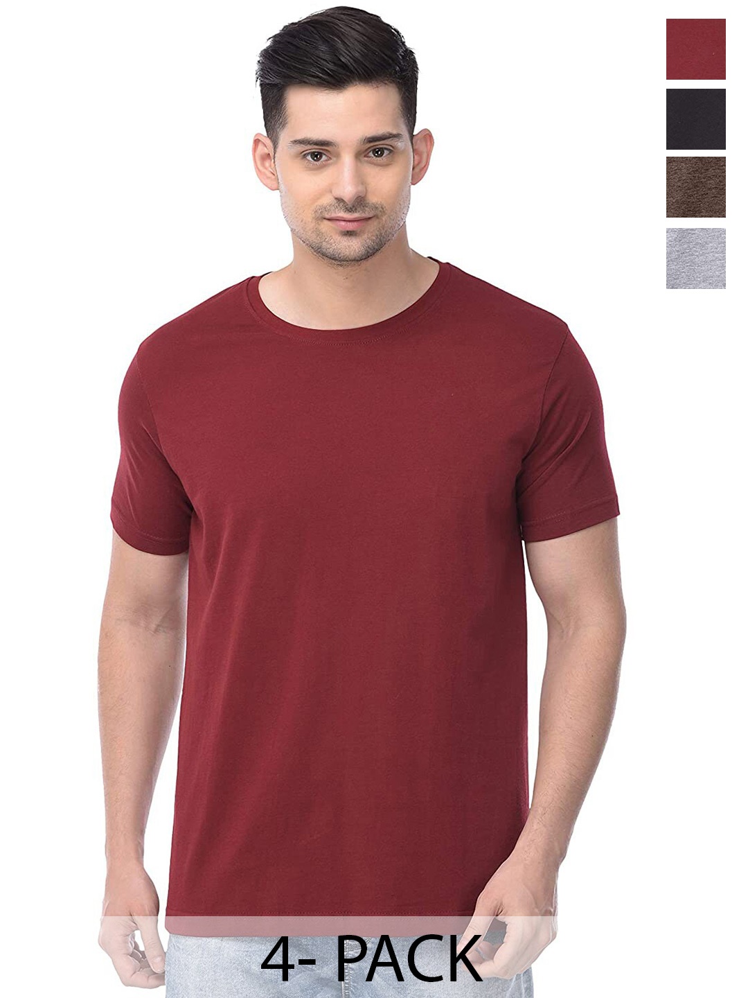

COLOR CAPITAL Unisex Pack Of 4 Round Neck Cotton Casual T-shirt, Maroon
