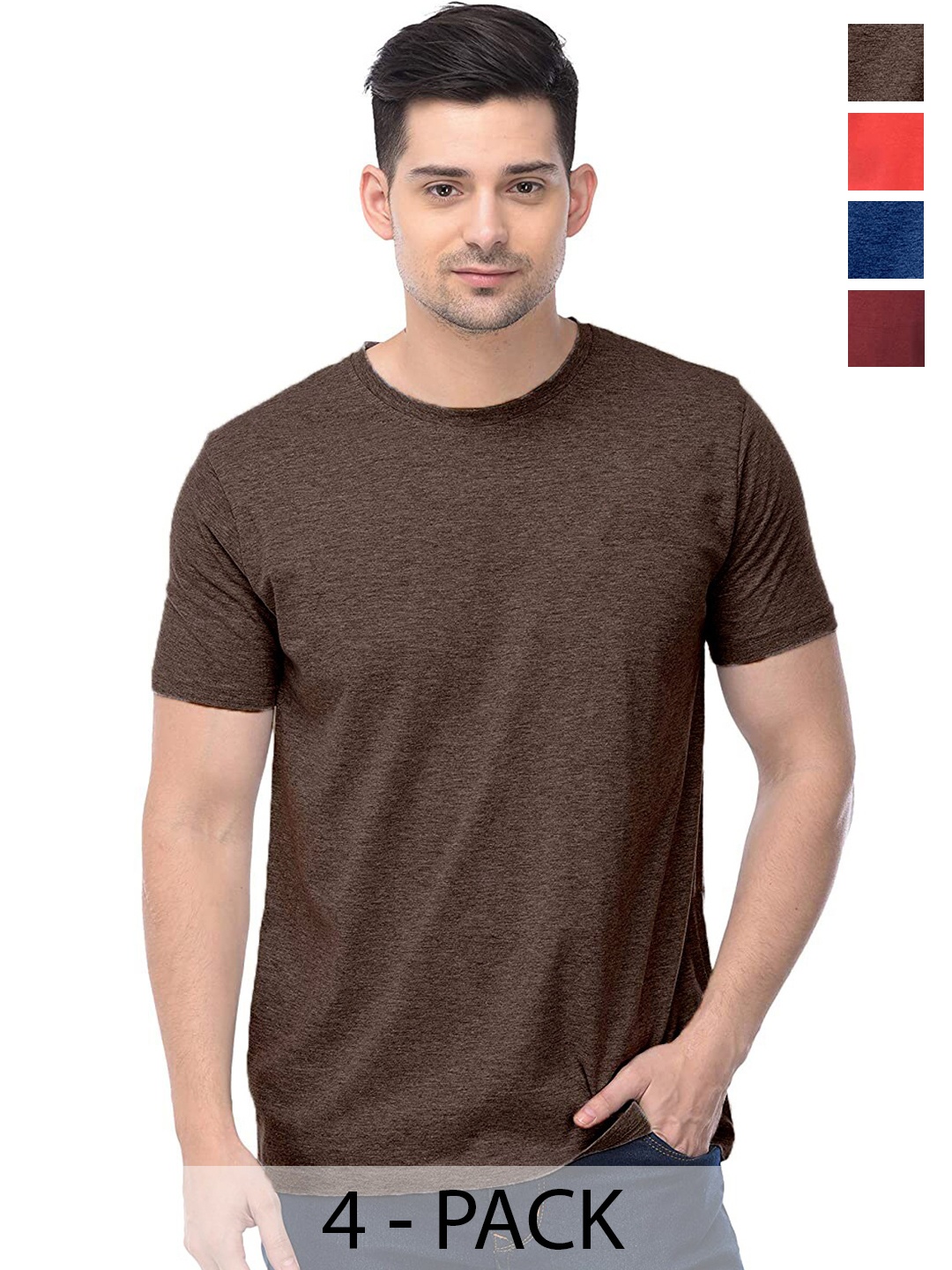 COLOR CAPITAL Unisex Pack Of 4 Round Neck Cotton T-shirt, Brown