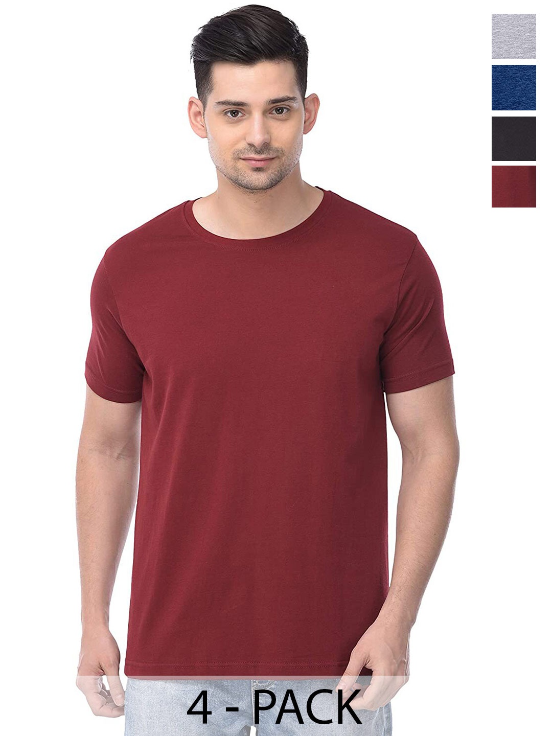 COLOR CAPITAL Unisex Pack Of 4 Round Neck Casual Cotton T-shirts, Maroon