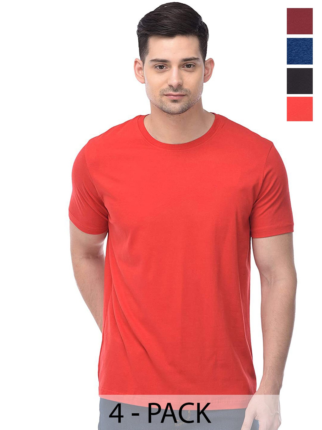 COLOR CAPITAL Unisex Pack Of 4 Round Neck Short Sleeves Cotton T-shirt, Maroon