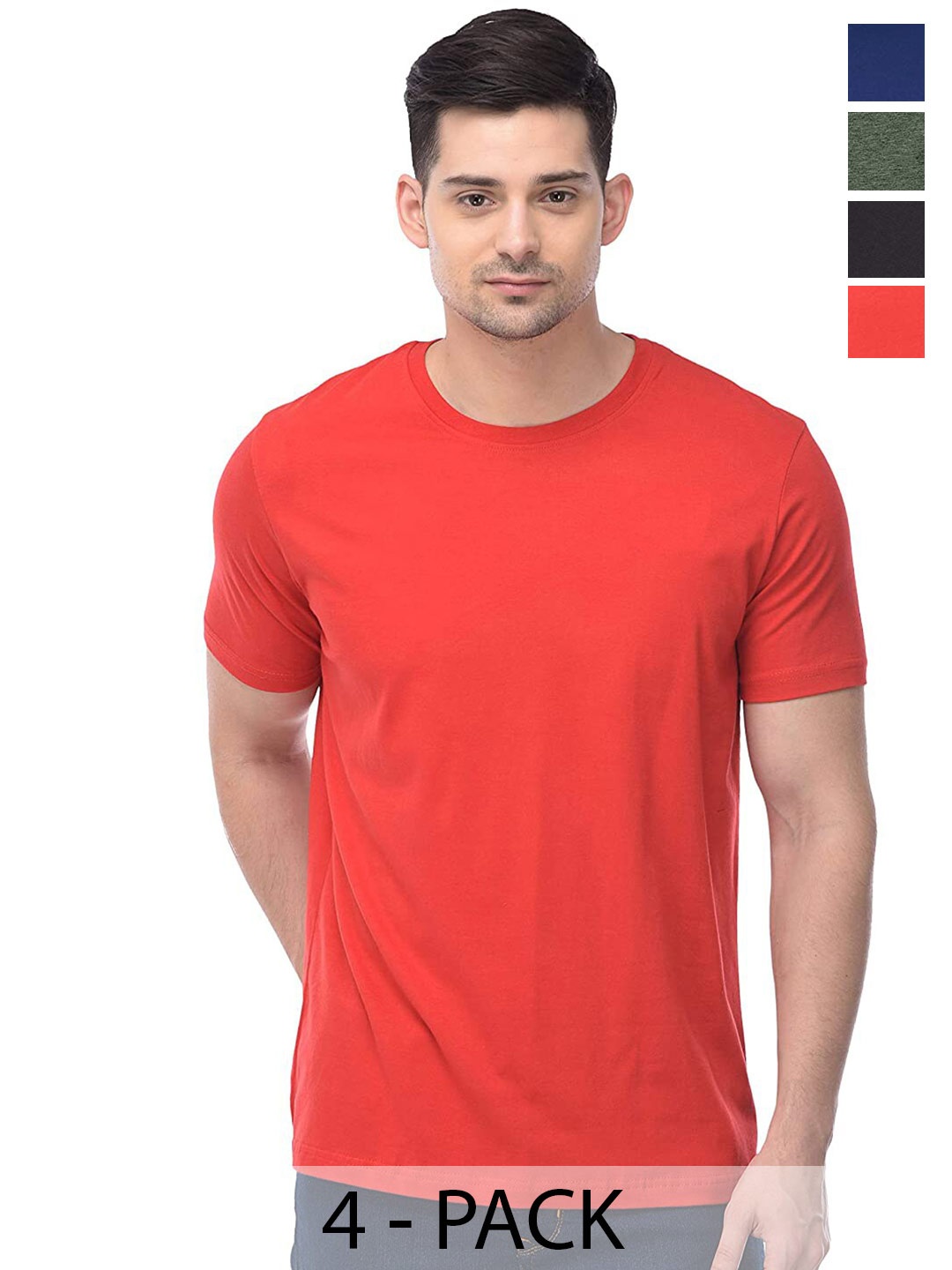 

COLOR CAPITAL Unisex Pack Of 4 Round Neck Cotton T-shirt, Coral