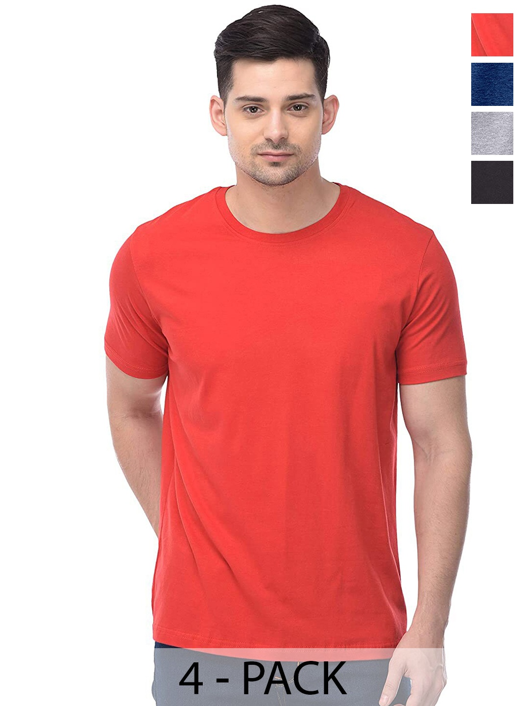 COLOR CAPITAL Unisex Pack Of 4 Round Neck Short Sleeves Cotton T-shirts, Red