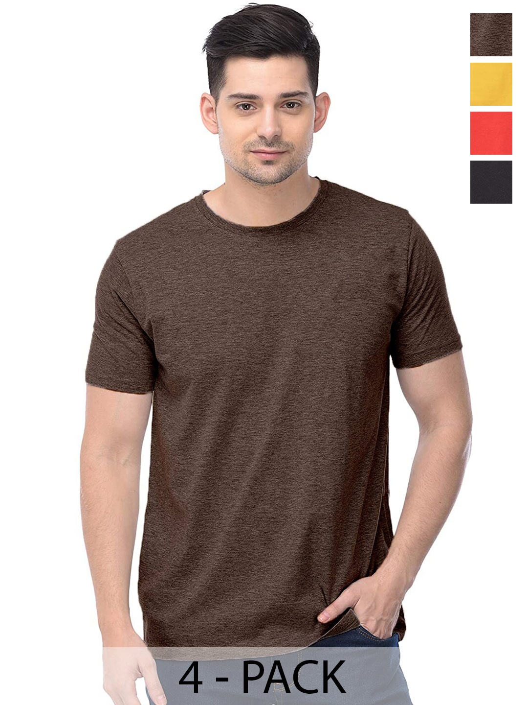 

COLOR CAPITAL Unisex Pack Of 4 Round Neck Short Sleeves Cotton T-shirts, Coffee brown