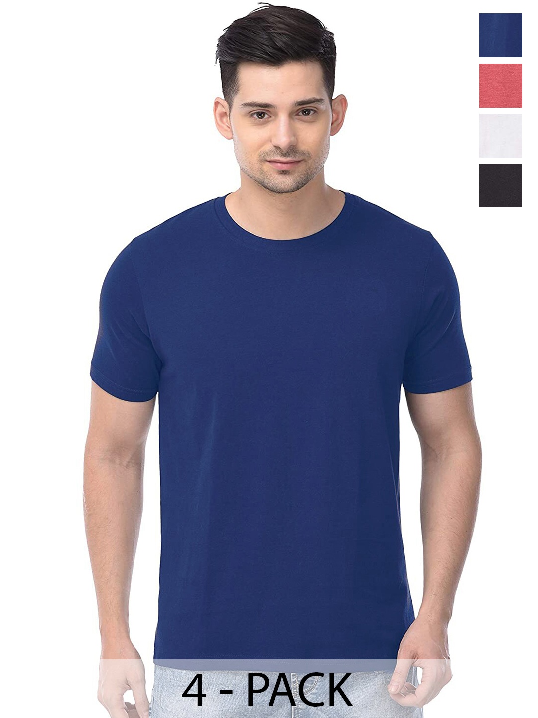 

COLOR CAPITAL Unisex Pack Of 4 Round Neck Cotton T-shirts, Navy blue