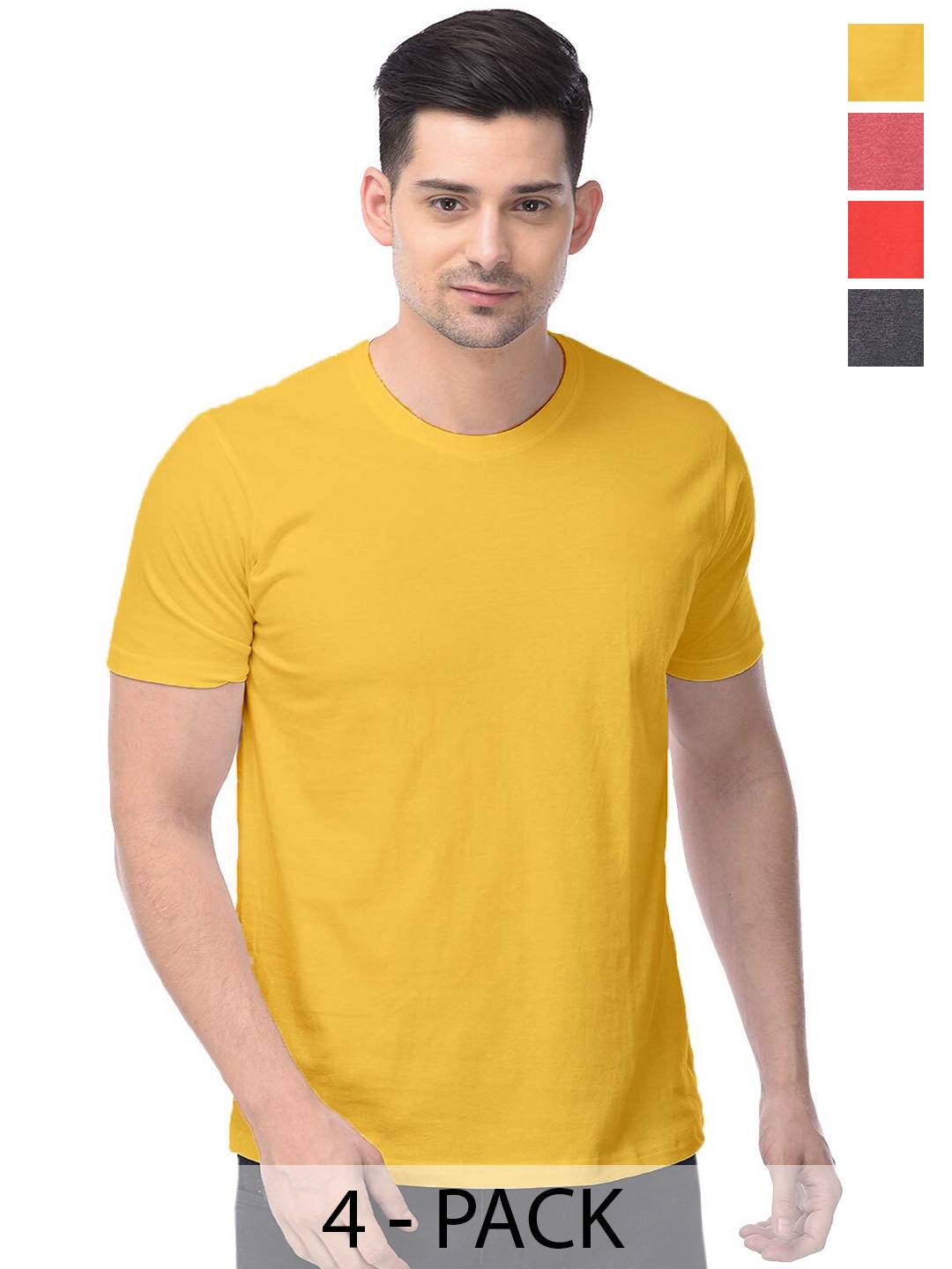 

COLOR CAPITAL Yellow & Coral Pack Of 4 Round Neck Cotton T-shirts