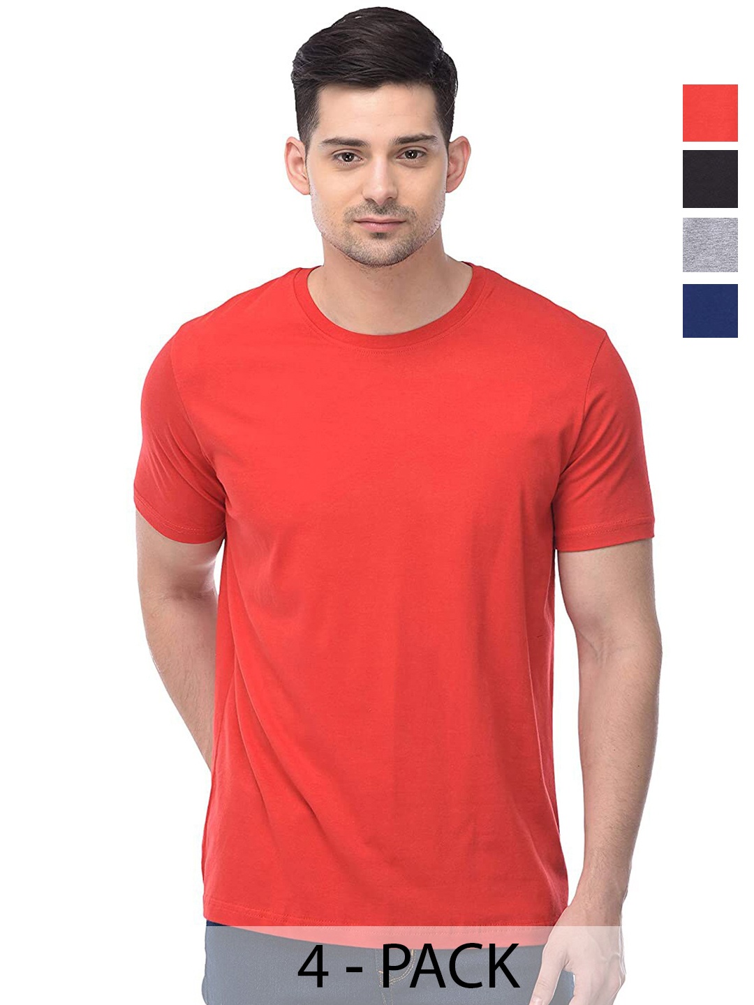 COLOR CAPITAL Pack of 4 Cotton Round Neck T-shirts, Red