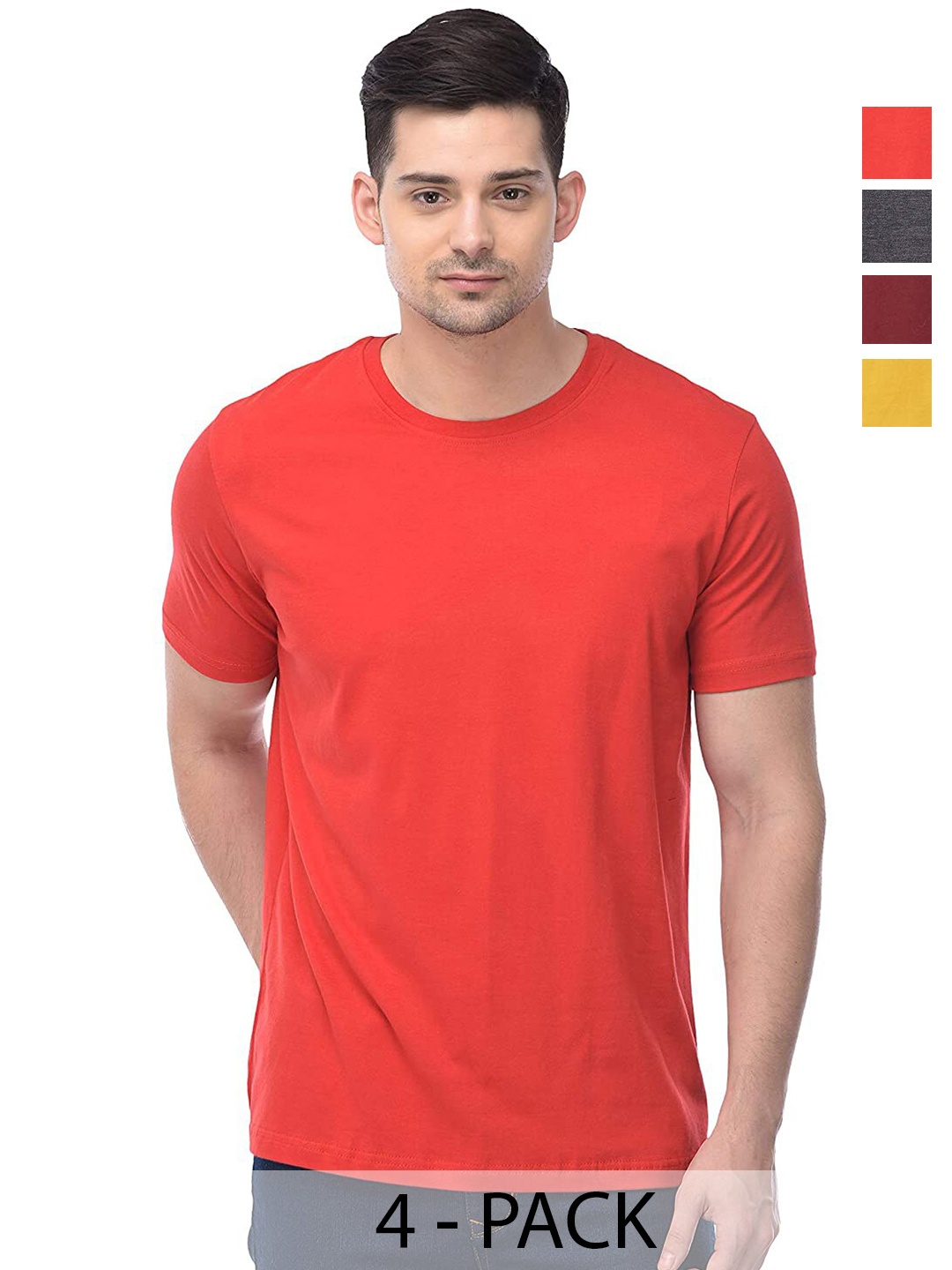 

COLOR CAPITAL Unisex Pack Of 4 Round Neck Casual Cotton T-shirts, Red