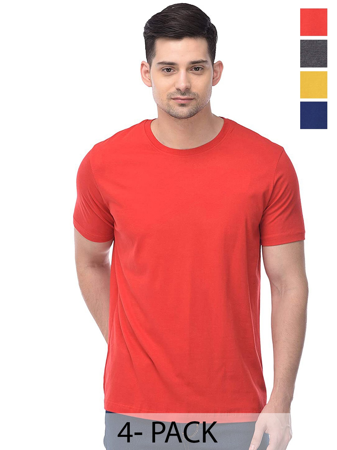 COLOR CAPITAL Pack of 4 Round Neck Cotton T-Shirts, Red