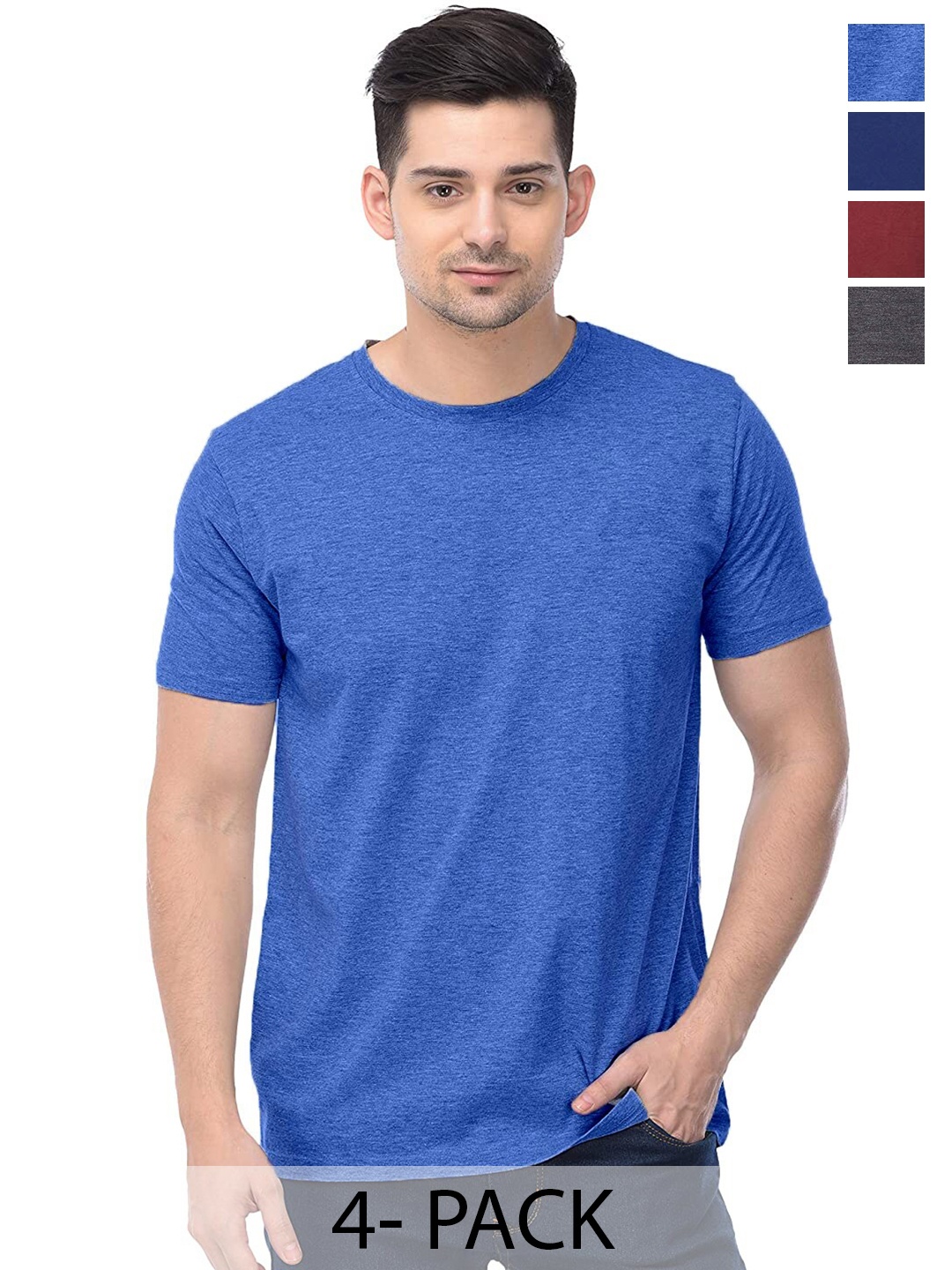 

COLOR CAPITAL Unisex Pack Of 4 Round Neck Cotton T-shirts, Blue