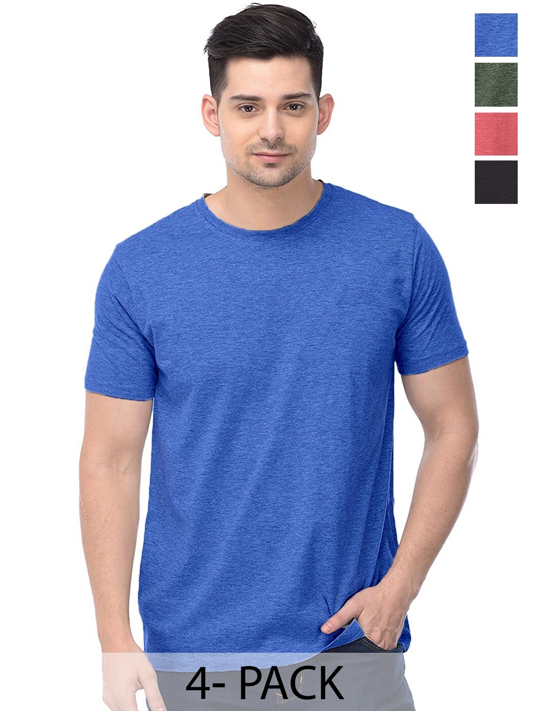 COLOR CAPITAL Unisex Pack Of 4 Round Neck Cotton T-shirt, Blue