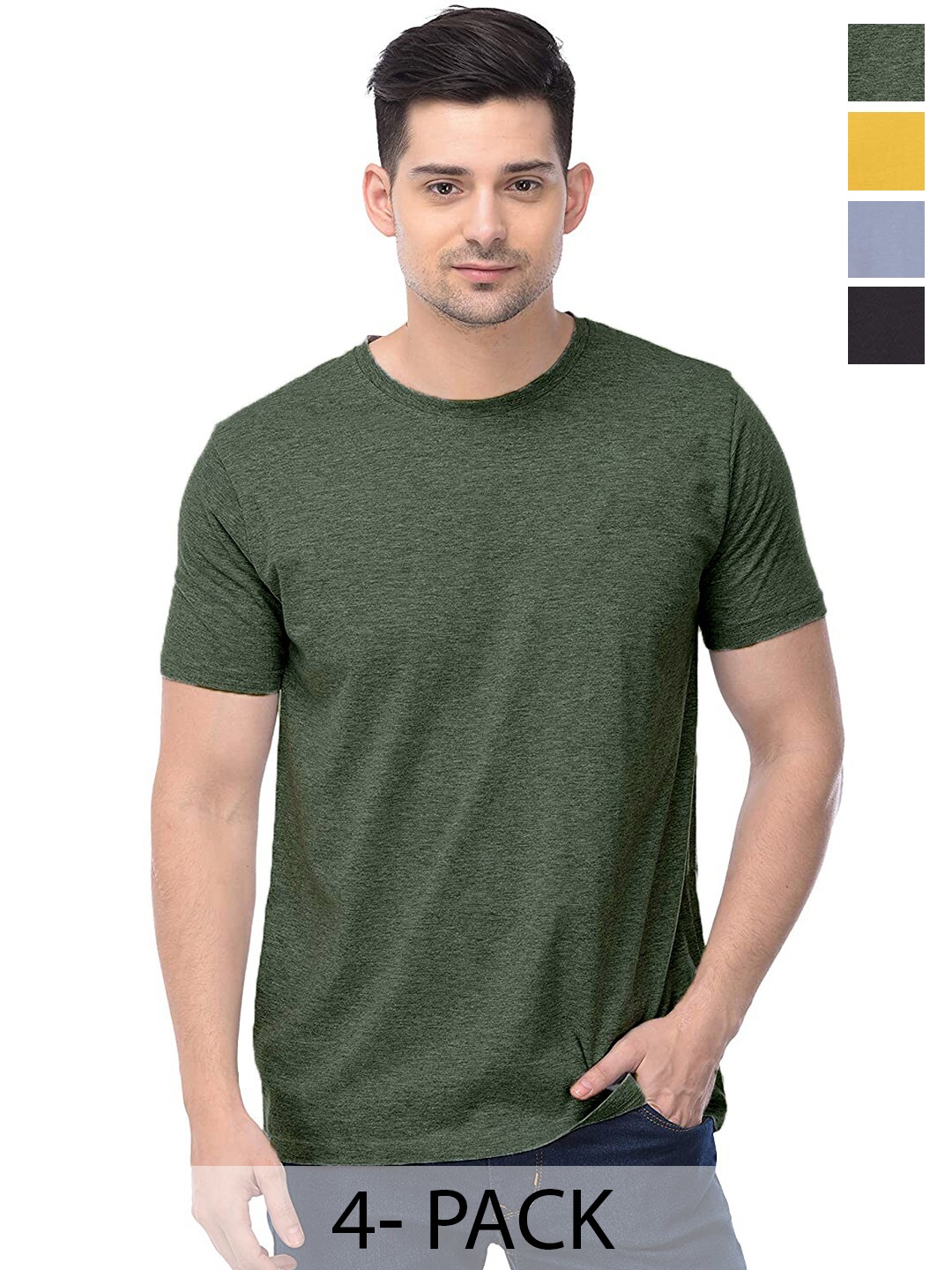 

COLOR CAPITAL Unisex Pack Of 4 Round Neck Short Sleeves Cotton T-shirt, Olive