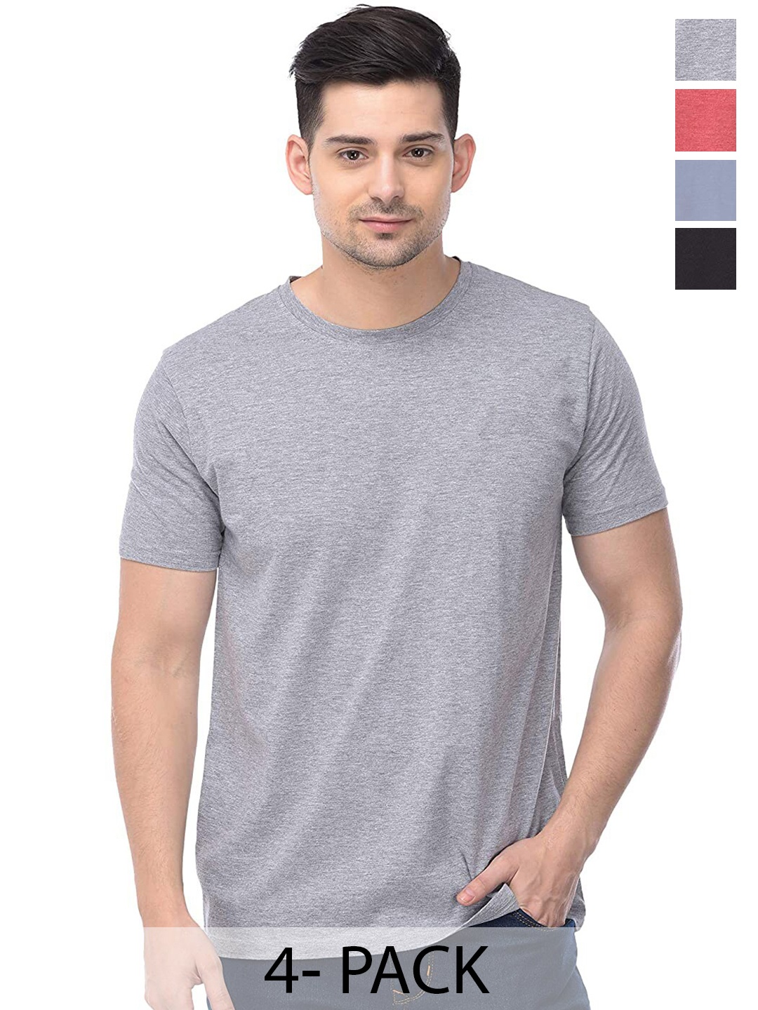 

COLOR CAPITAL Pack Of 4 Round Neck Cotton T-shirts, Grey