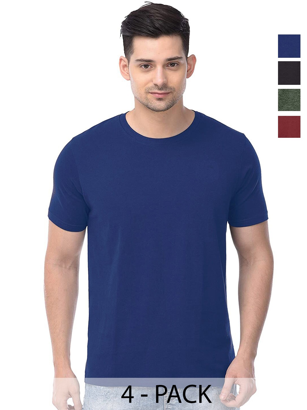 

COLOR CAPITAL Unisex Pack Of 4 Round Neck Cotton T-shirts, Navy blue