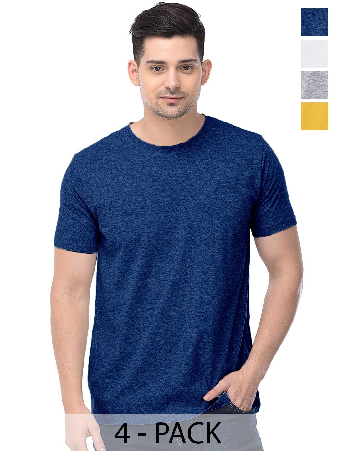 

COLOR CAPITAL Unisex Pack Of 4 Round Neck Short Sleeves Cotton T-shirt, Blue