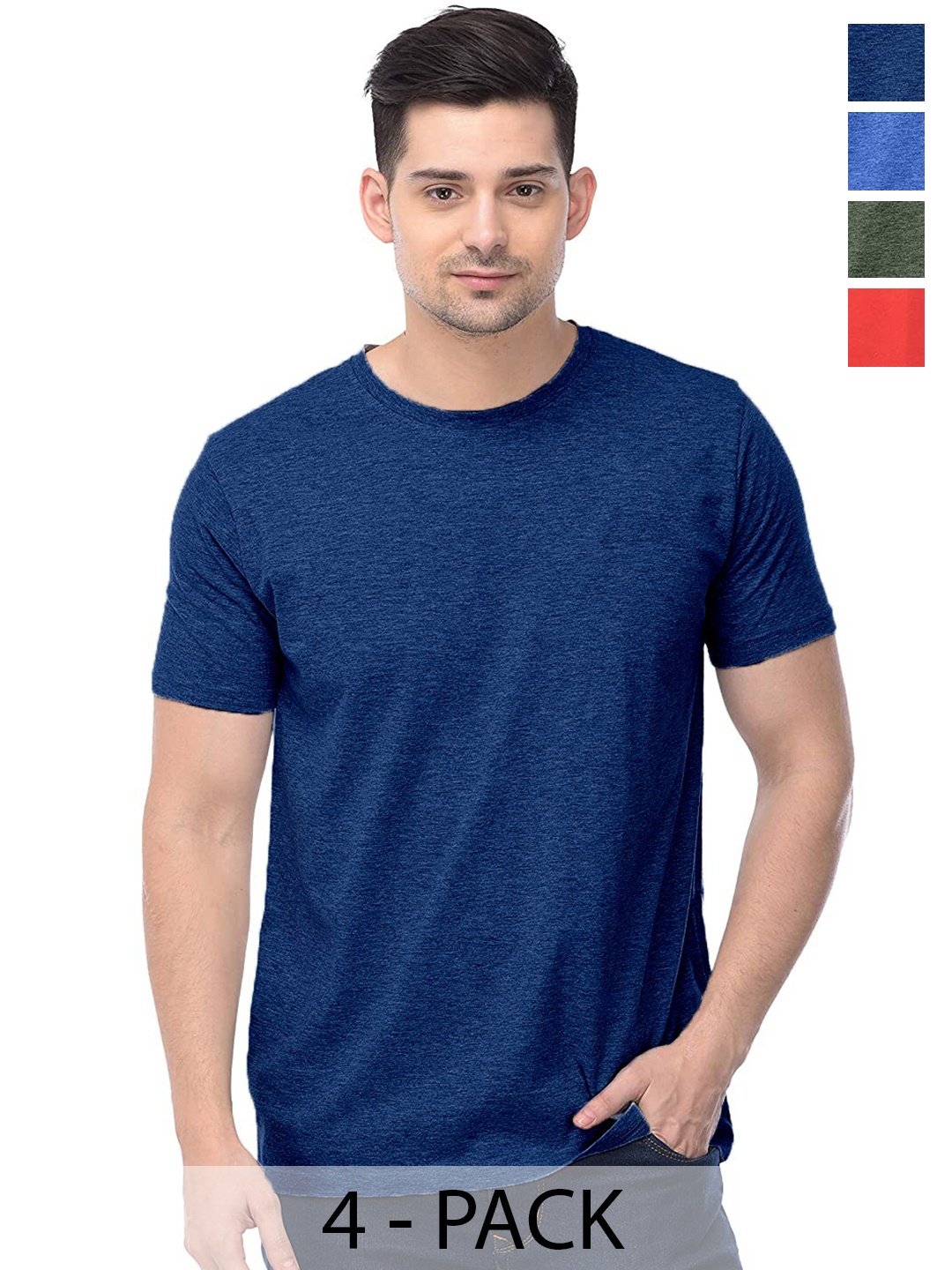 COLOR CAPITAL Unisex Pack Of 4 Round Neck Cotton T-shirts, Navy blue