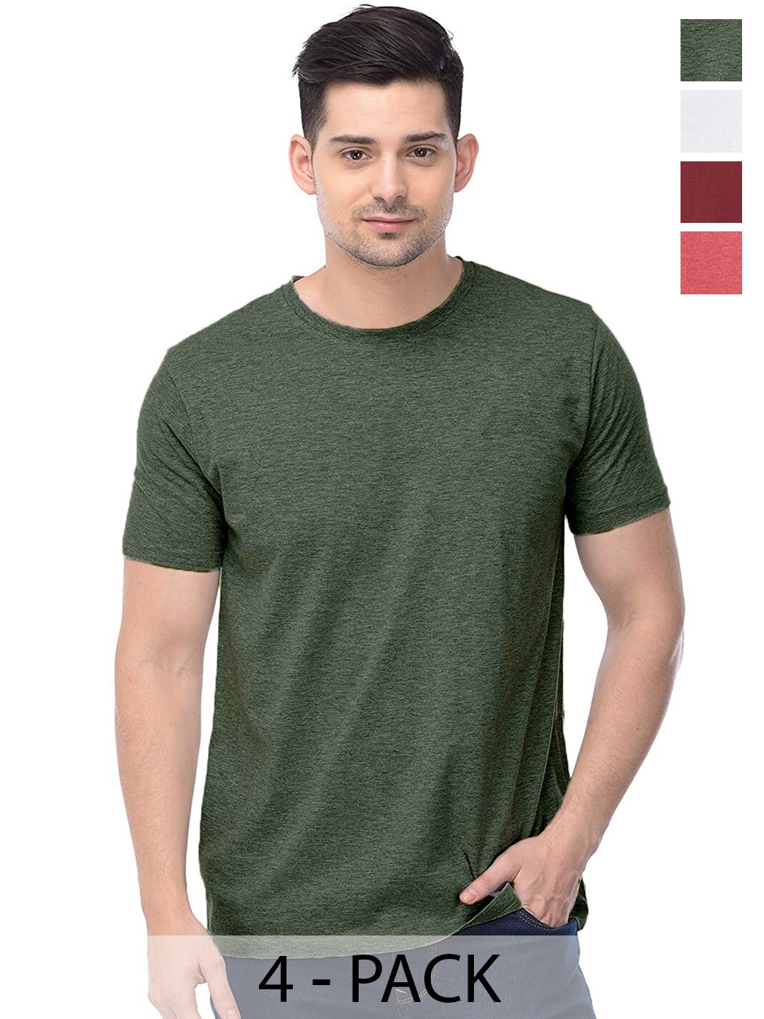 

COLOR CAPITAL Unisex Pack Of 4 Round Neck Casual Cotton T-shirts, Olive
