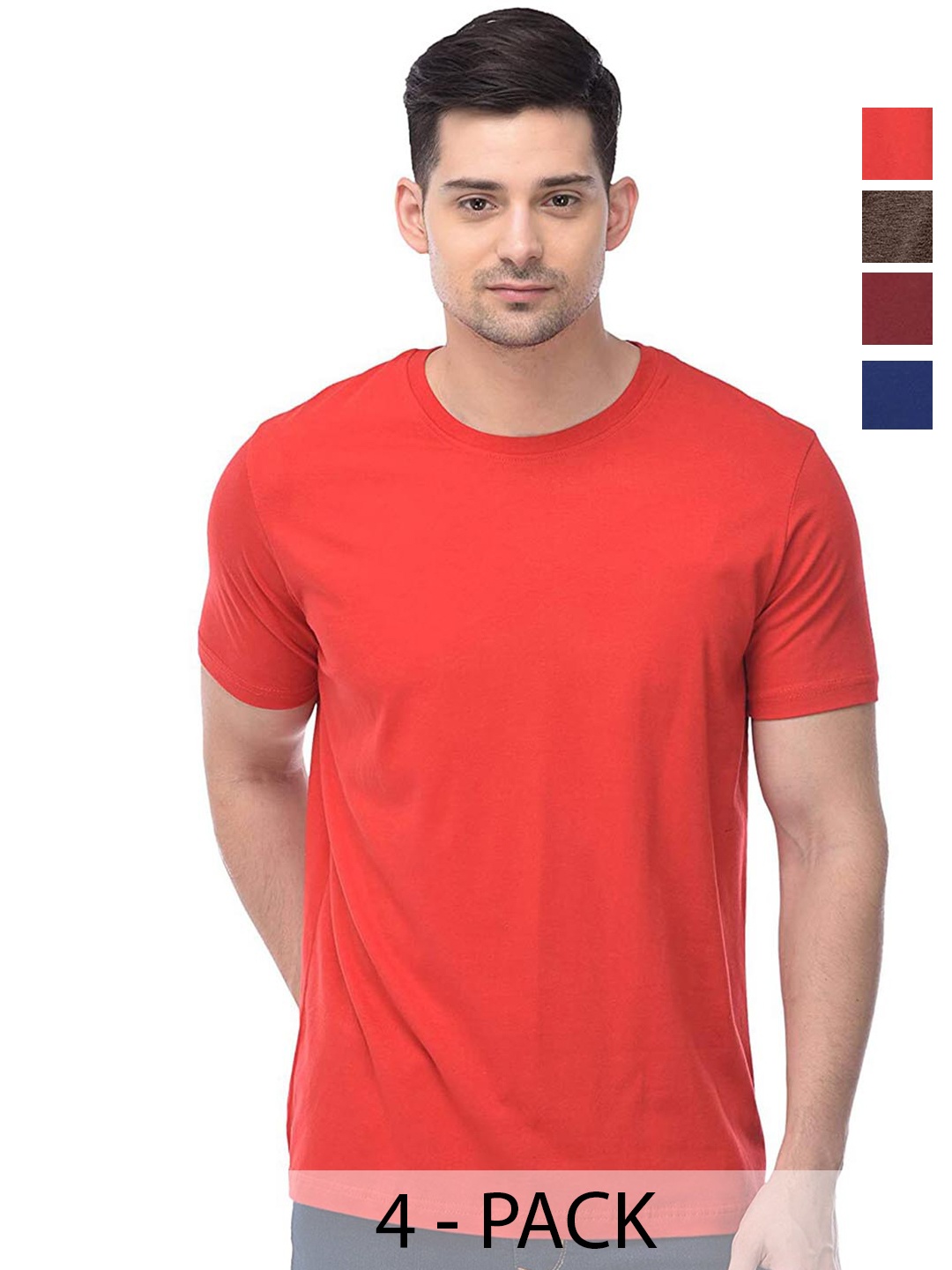 COLOR CAPITAL Unisex Pack Of 4 Round Neck Cotton T-shirts, Red