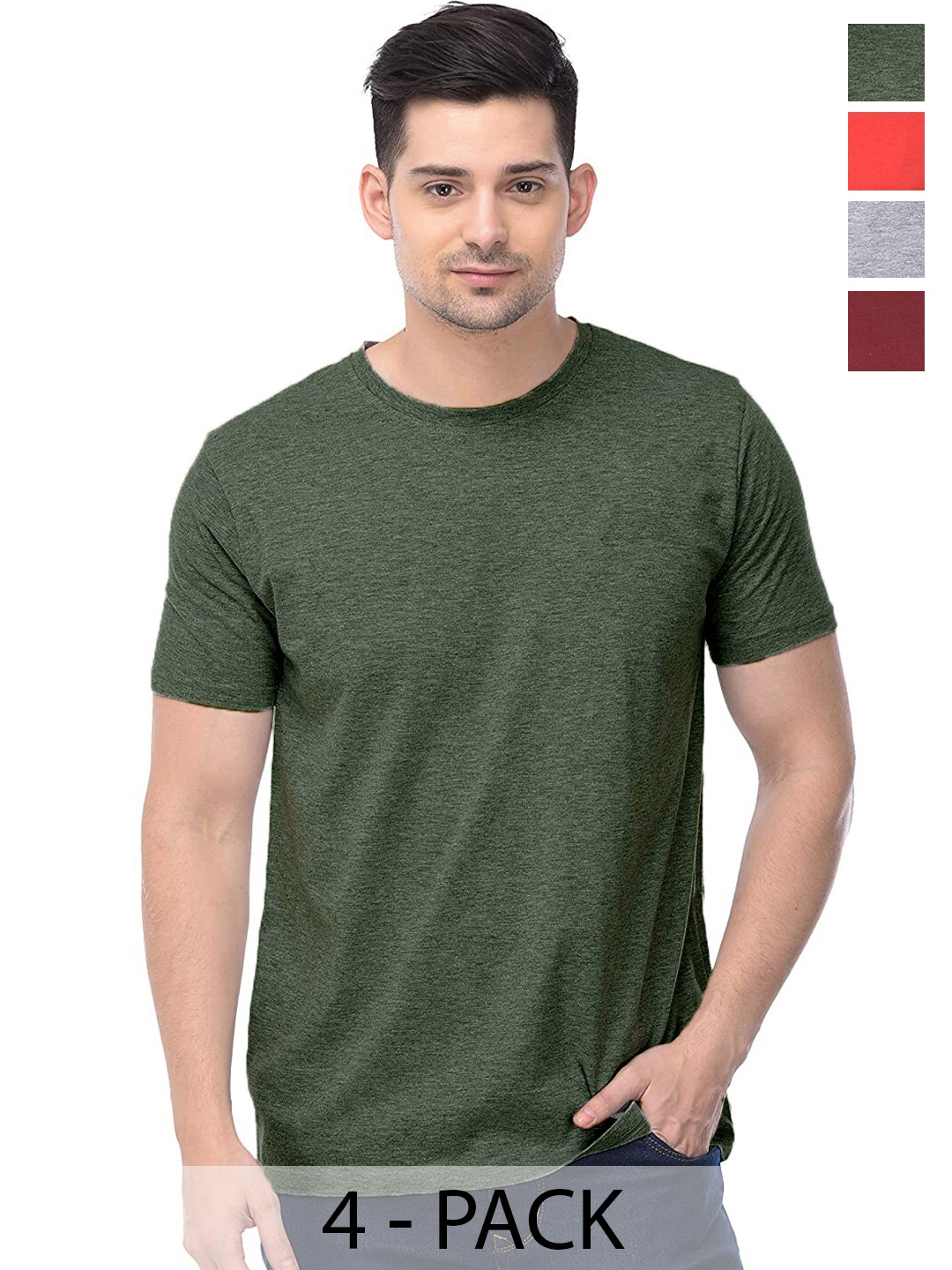 

COLOR CAPITAL Pack Of 4 Short Sleeves Cotton T-shirts, Green