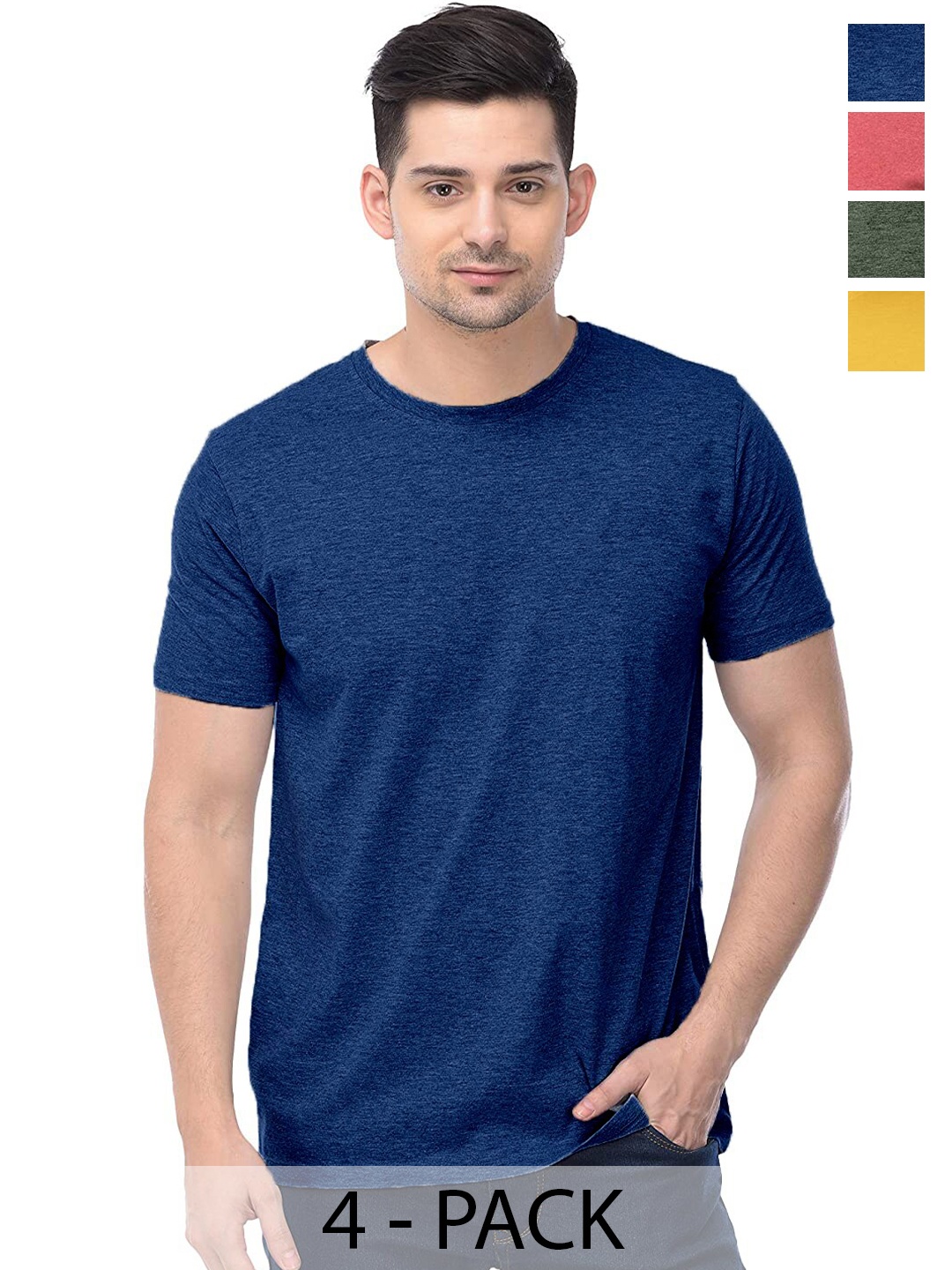 COLOR CAPITAL Pack of 4 Cotton Round Neck T-shirts, Blue